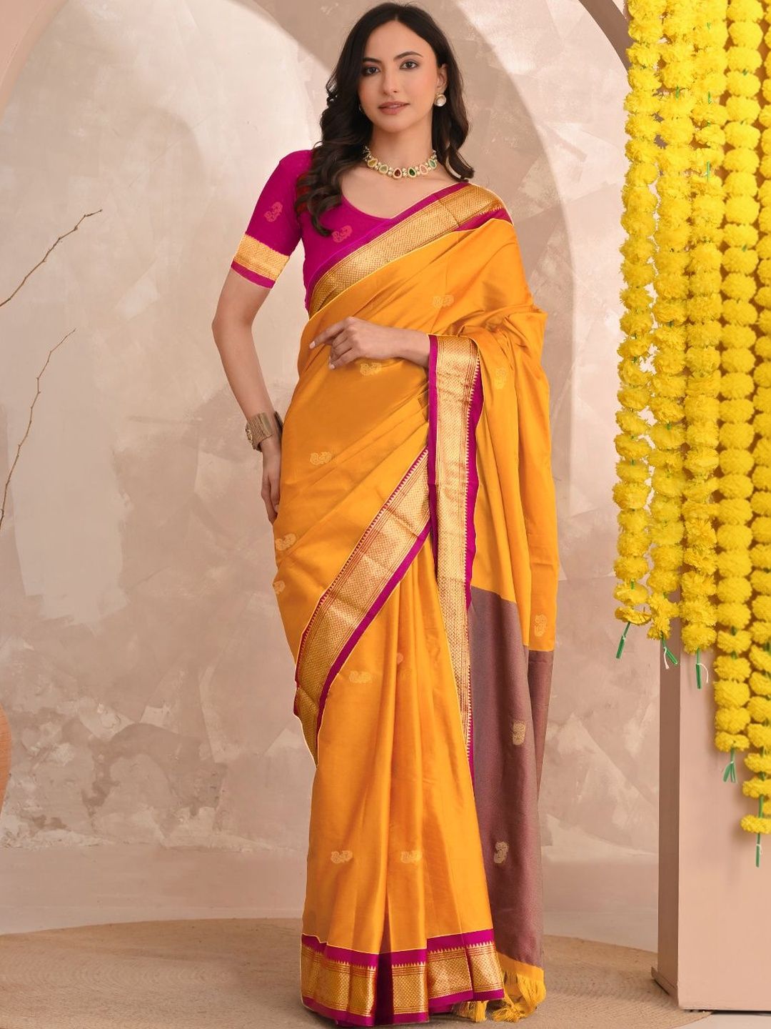 HERE&NOW Woven Design Zari Silk Cotton Handloom Paithani Saree-picture-27