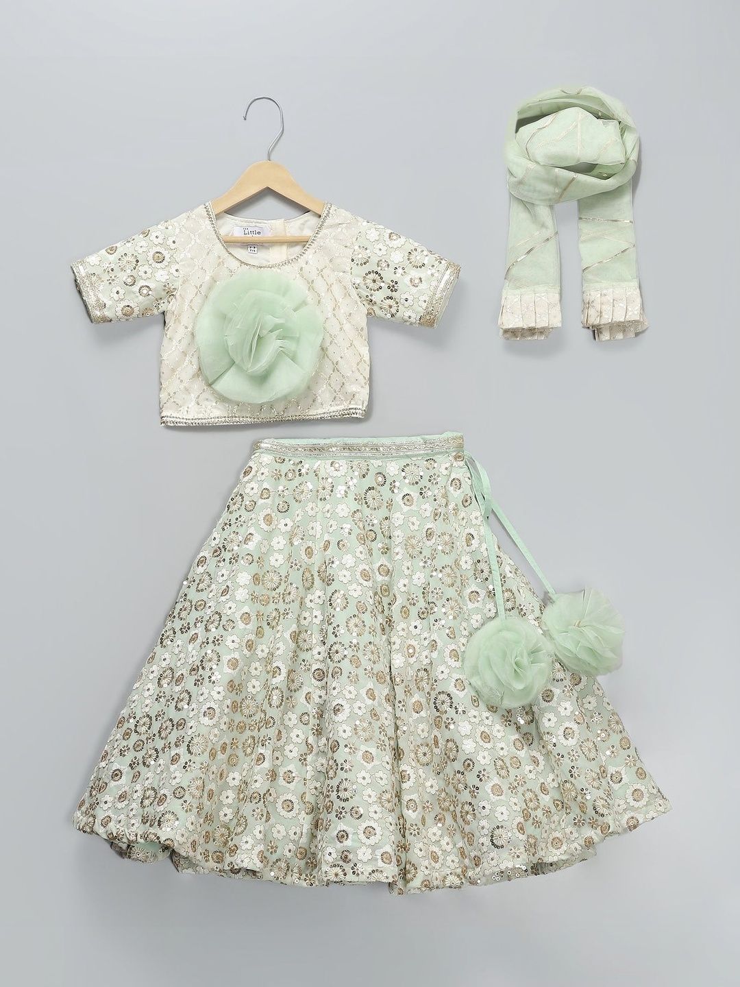 The Little Tales Girls Embroidered Sequinned Semi-Stitched Lehenga & Blouse With Dupatta-picture-41