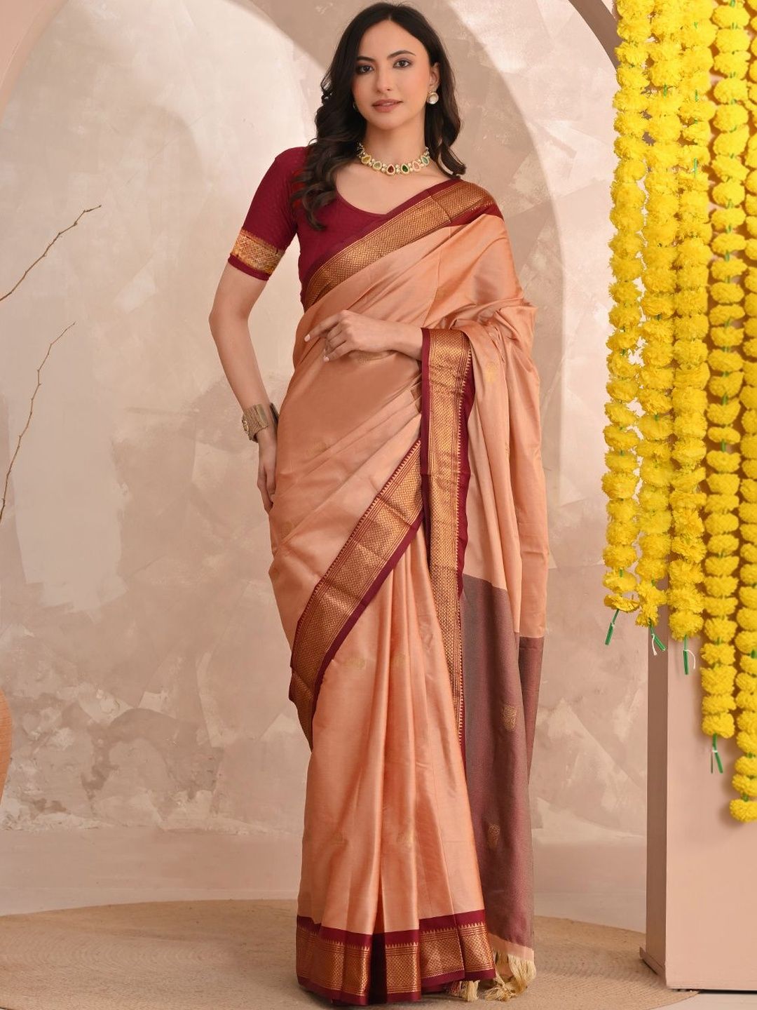 HERE&NOW Ethnic Motifs Zari Silk Cotton Paithani Saree-picture-41