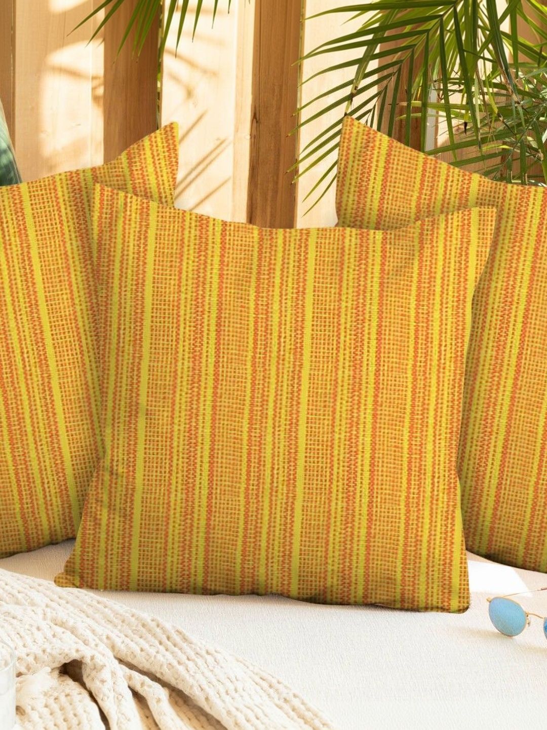 NISSI Yellow & Yellow Set of 3 Striped Square Cushion Covers-image-32