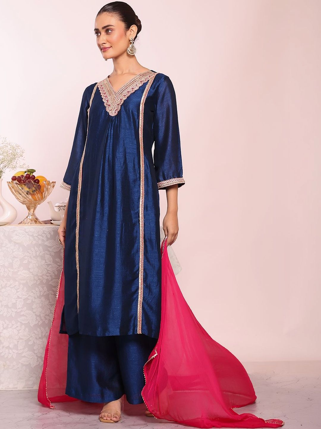 KALINI Women Ethnic Motifs Embroidered Regular Kurta with Palazzos & With Dupatta-image-44