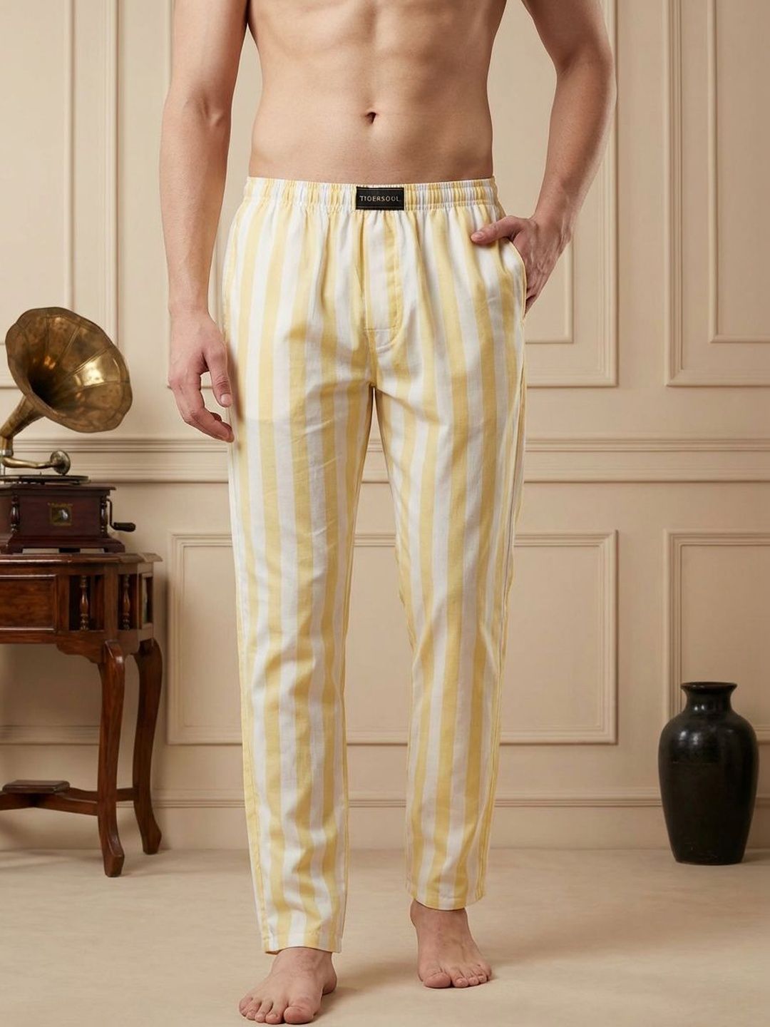 TIGER SNAKE Striped Cotton Mid-Rise Straight Lounge Pants-picture-49