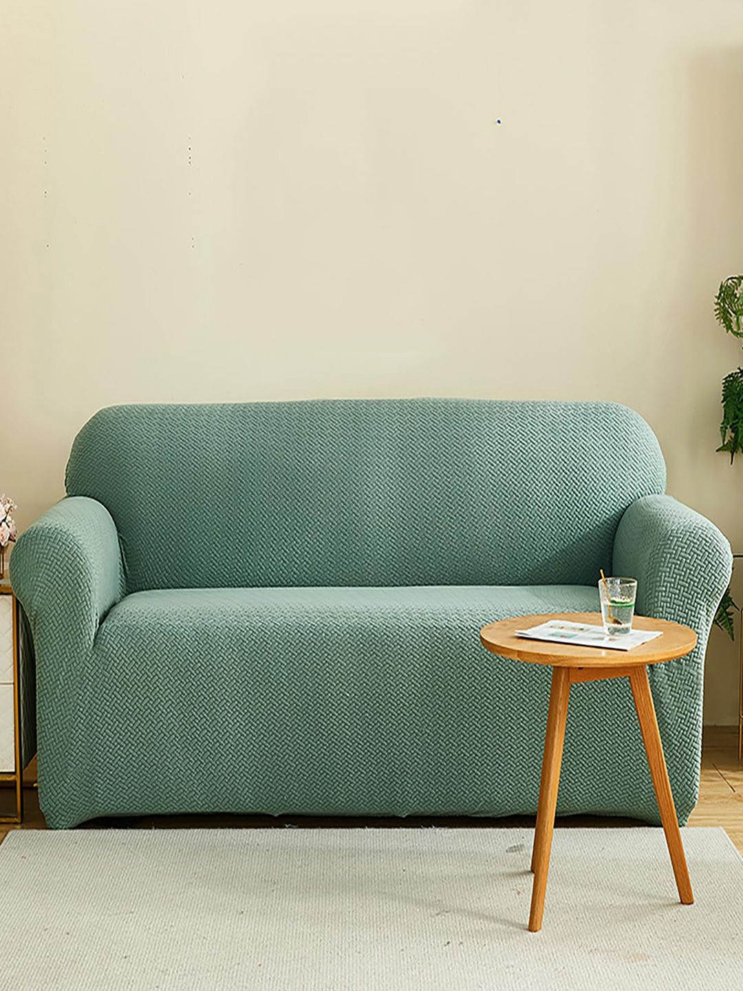 HOUSE OF QUIRK Green Self-Design Jacquard Stretchable Elasticity 1-Seater Sofa Cover with Arms-image-19