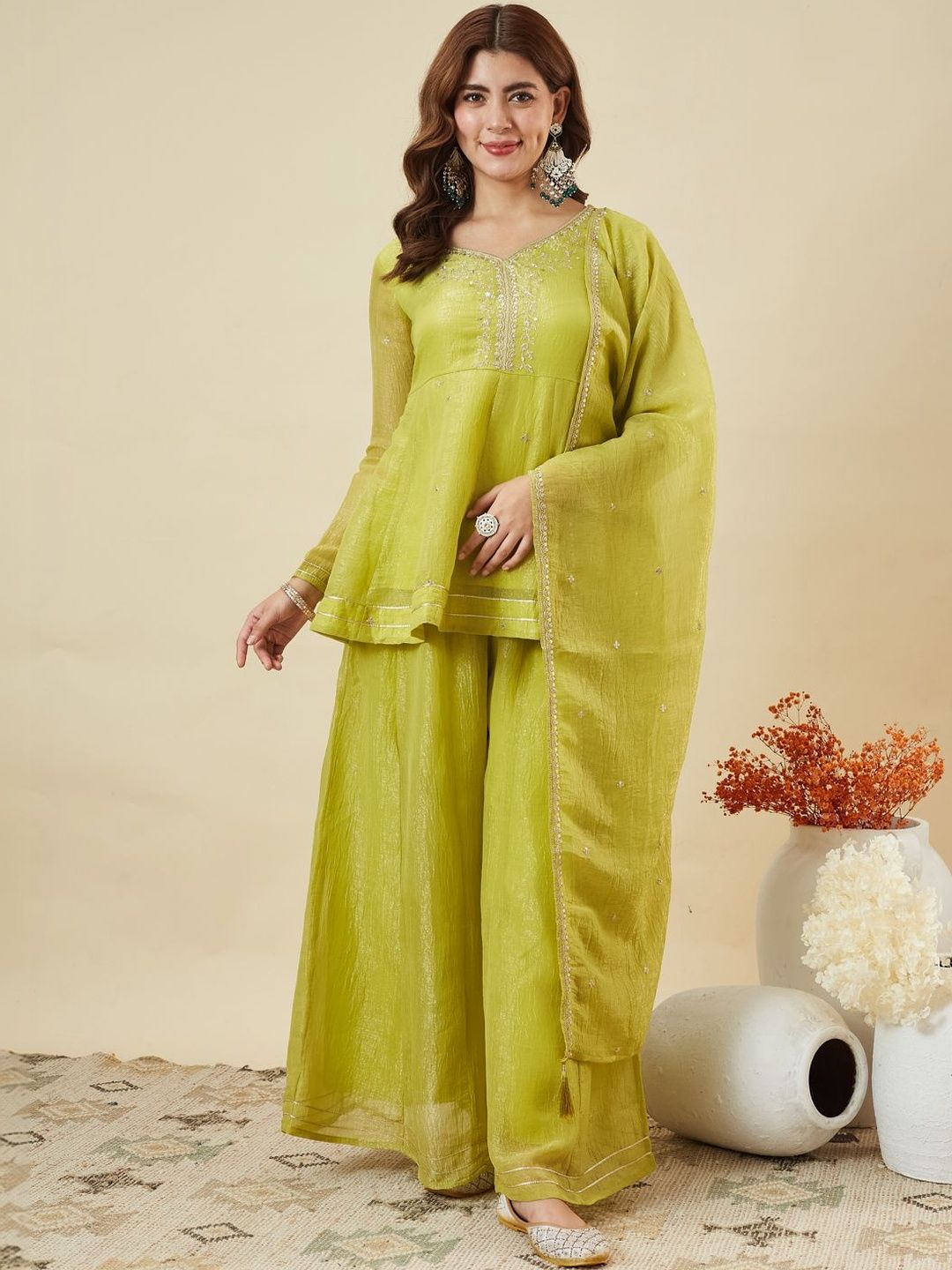 MOKOSH Women Silk Embroidered Kurta And Sharara Set With Dupatta-picture-19