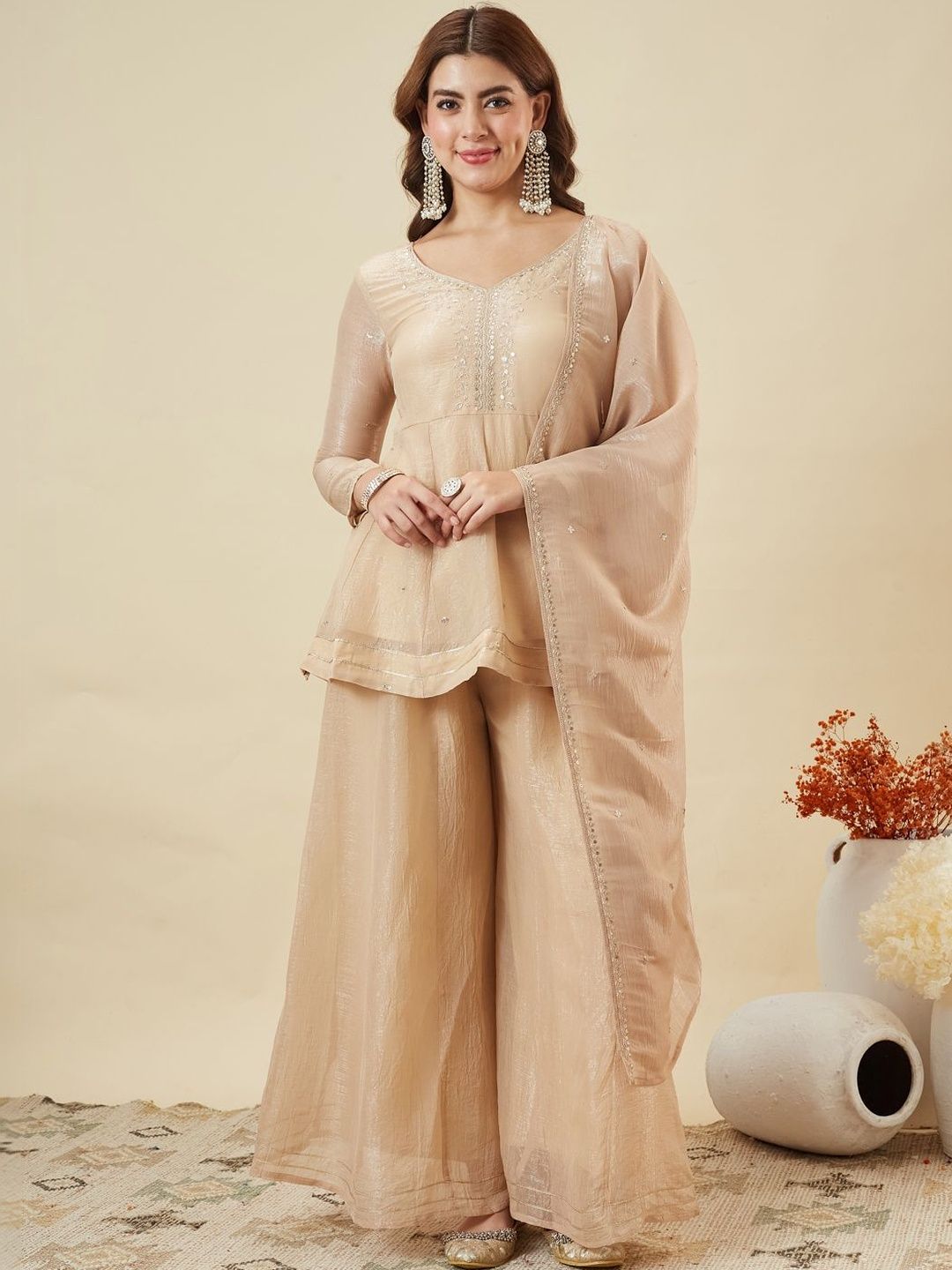 MOKOSH Women Silk Embroidered Kurta And Sharara Set With Dupatta-picture-8
