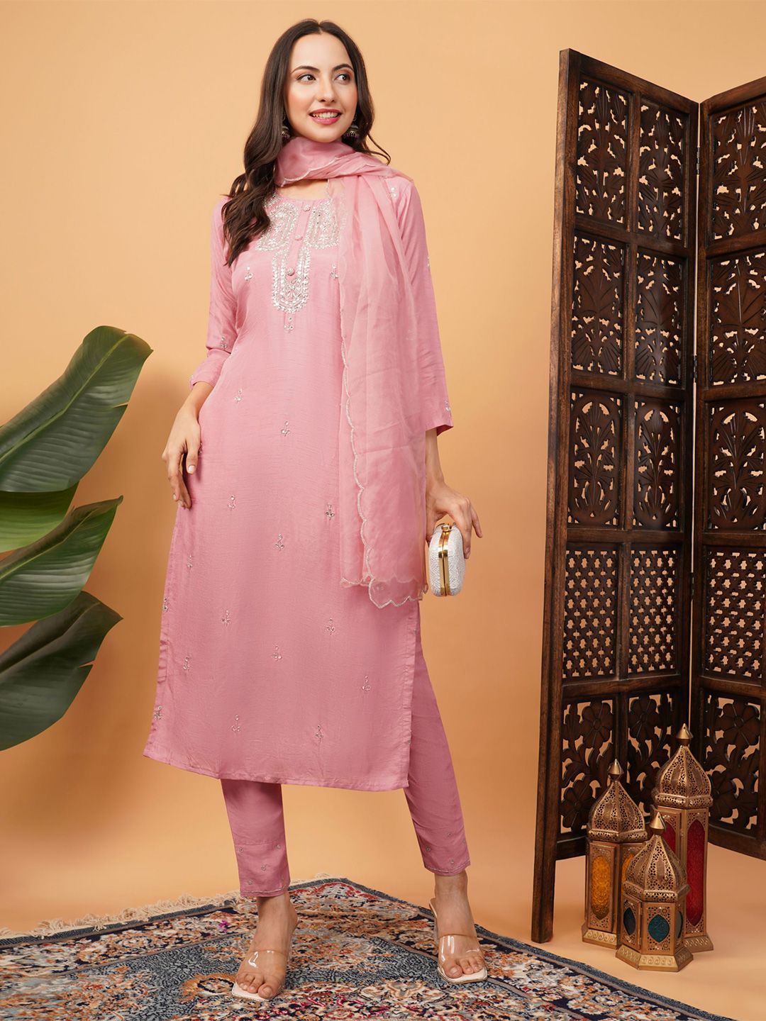 Prisachi Floral Embroidered Straight Thread Work Kurta With Trousers & Dupatta-picture-45