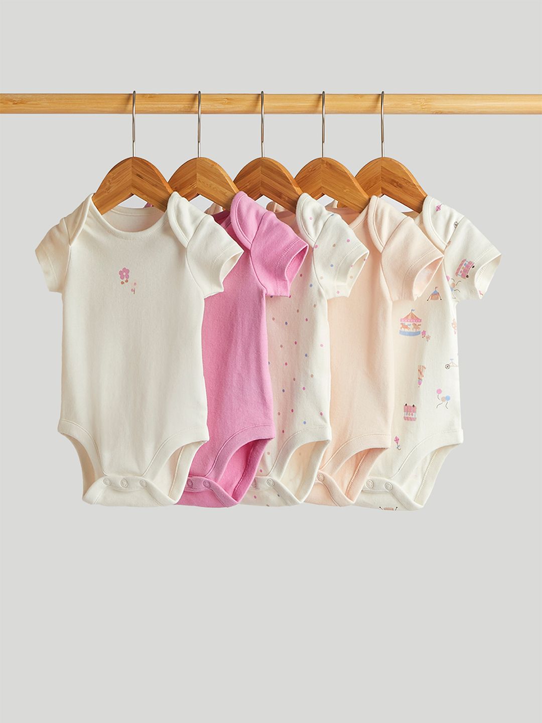 mothercare Girls Pack of 5 Printed Round Neck Bodysuit