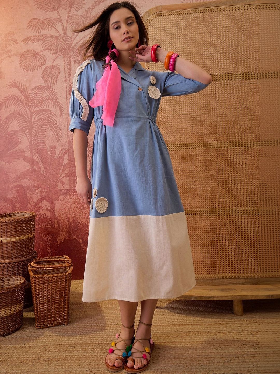 Sangria Embroidered Cotton Shirt Collar A-Line Maxi Dresses-image-17