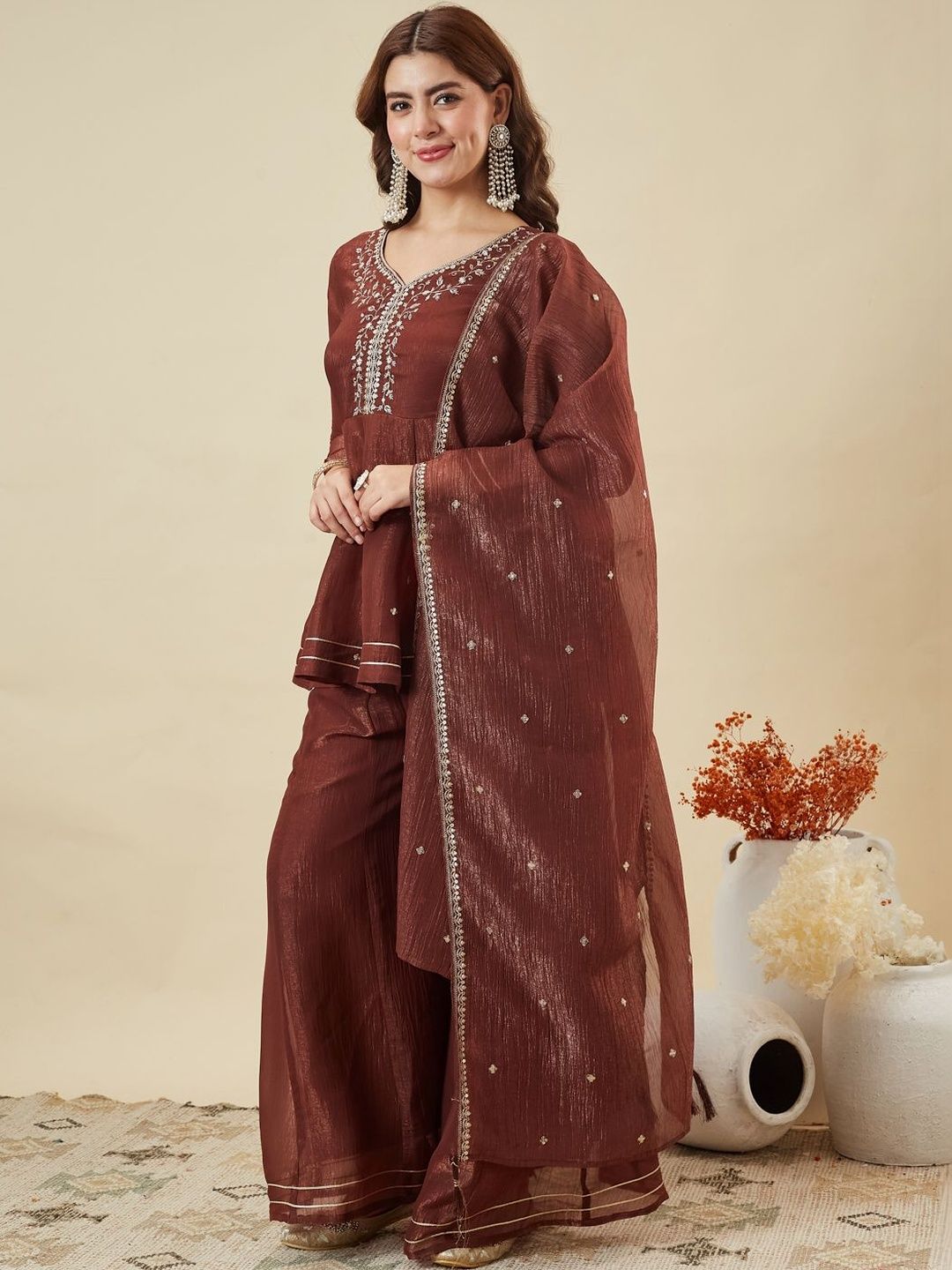MOKOSH Women Ethnic Motifs Empire Thread Work Pure Silk Kurta with Sharara & With Dupatta-picture-53