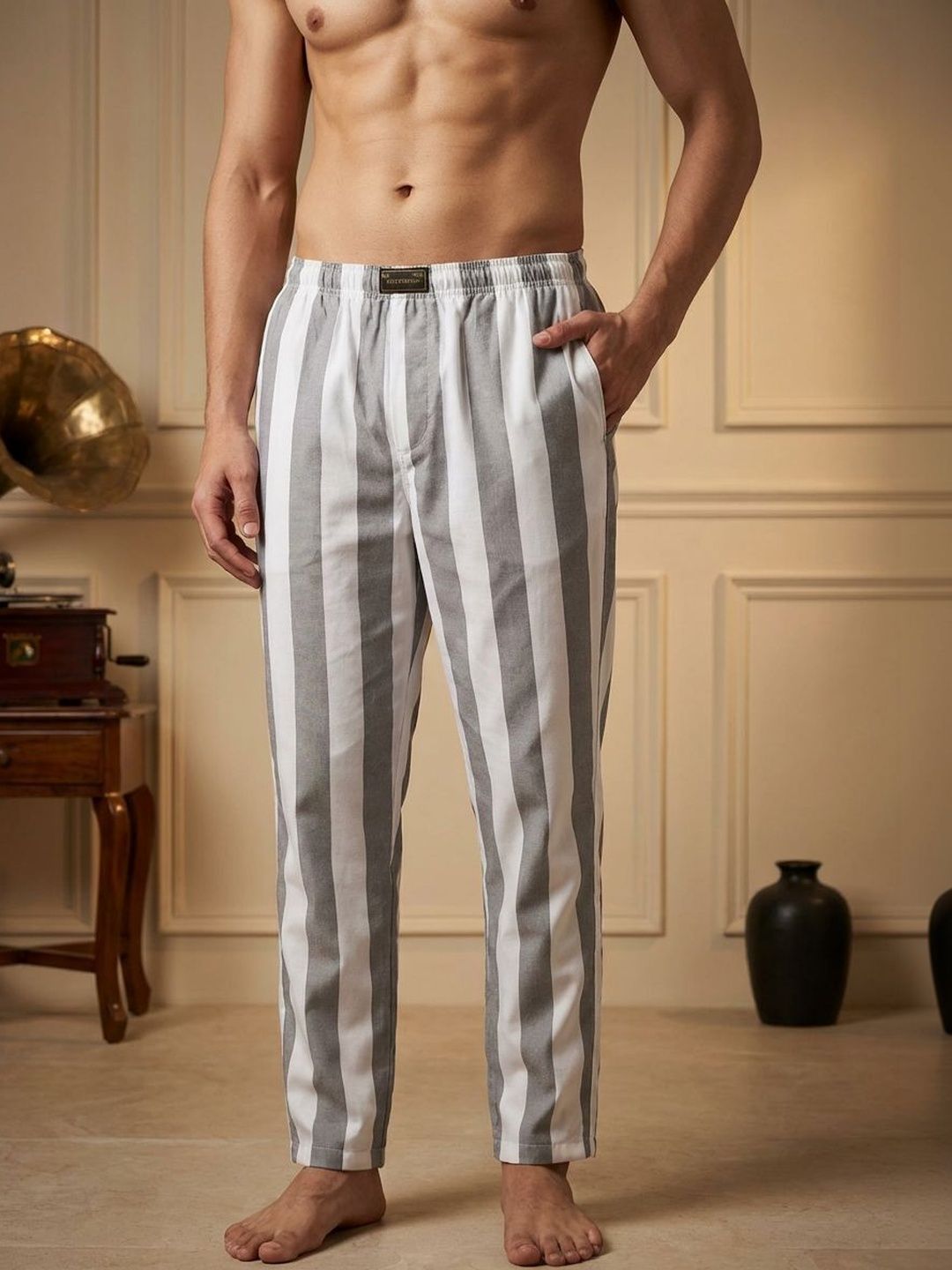 TIGER SNAKE Striped Cotton Mid-Rise Straight Lounge Pants-picture-38