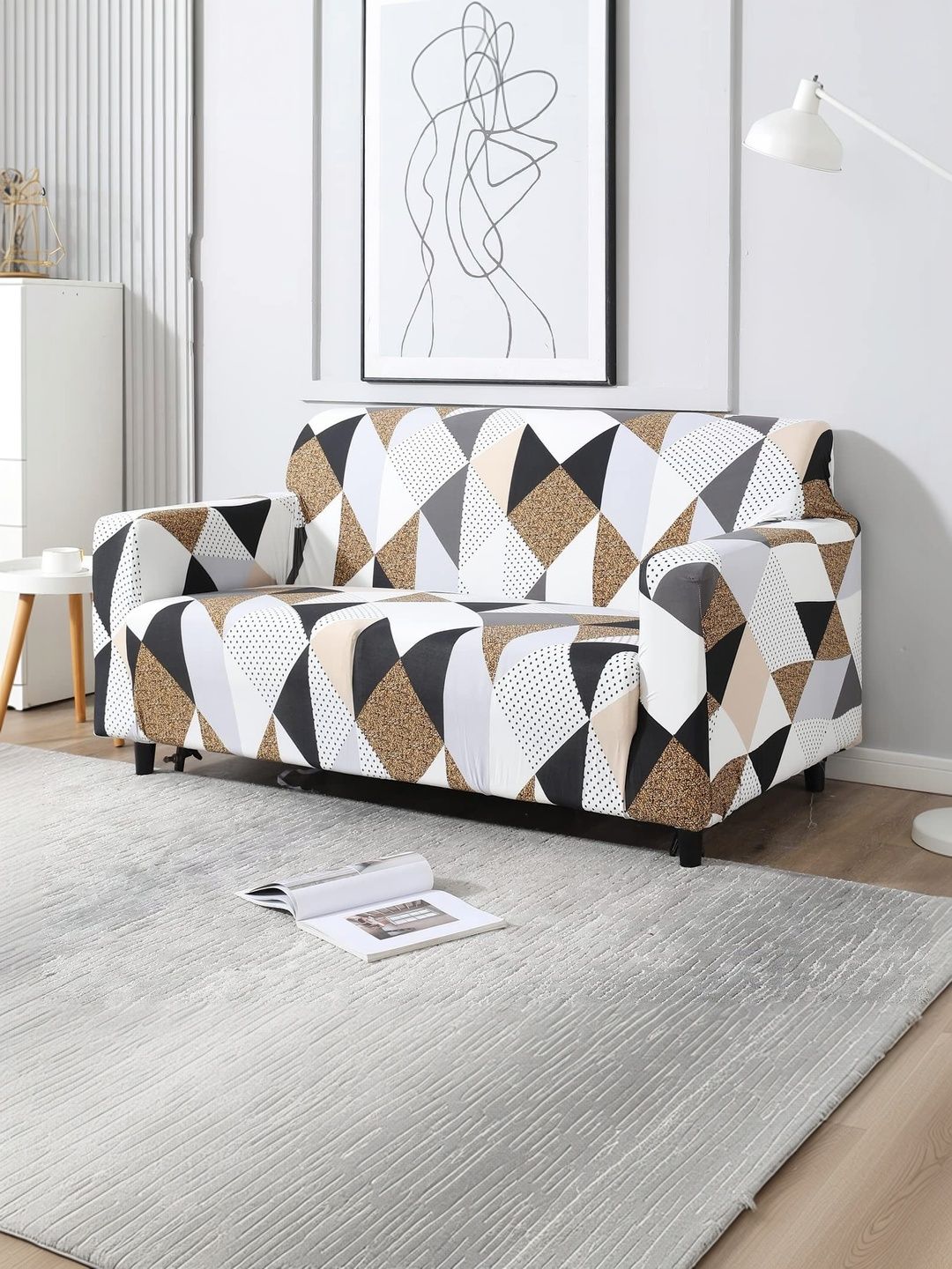 Furshine Grey & Multicoloured Printed Polyester Blend 1 Piece Sofa Cover With Arms-picture-14