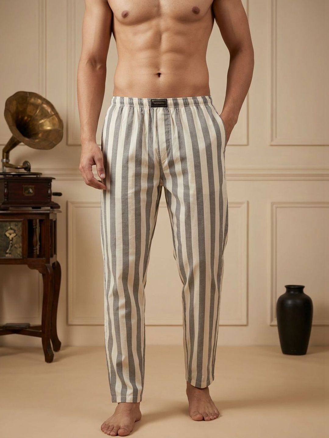TIGER SNAKE Striped Cotton Mid-Rise Straight Lounge Pants-picture-30