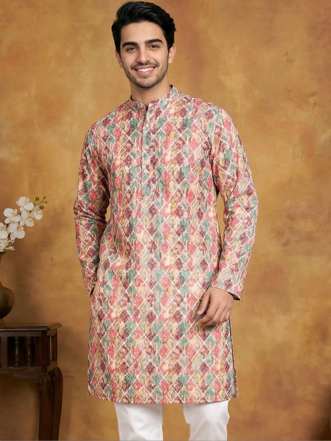 Jompers Men Geometric Printed Chikankari Kurta-picture-20