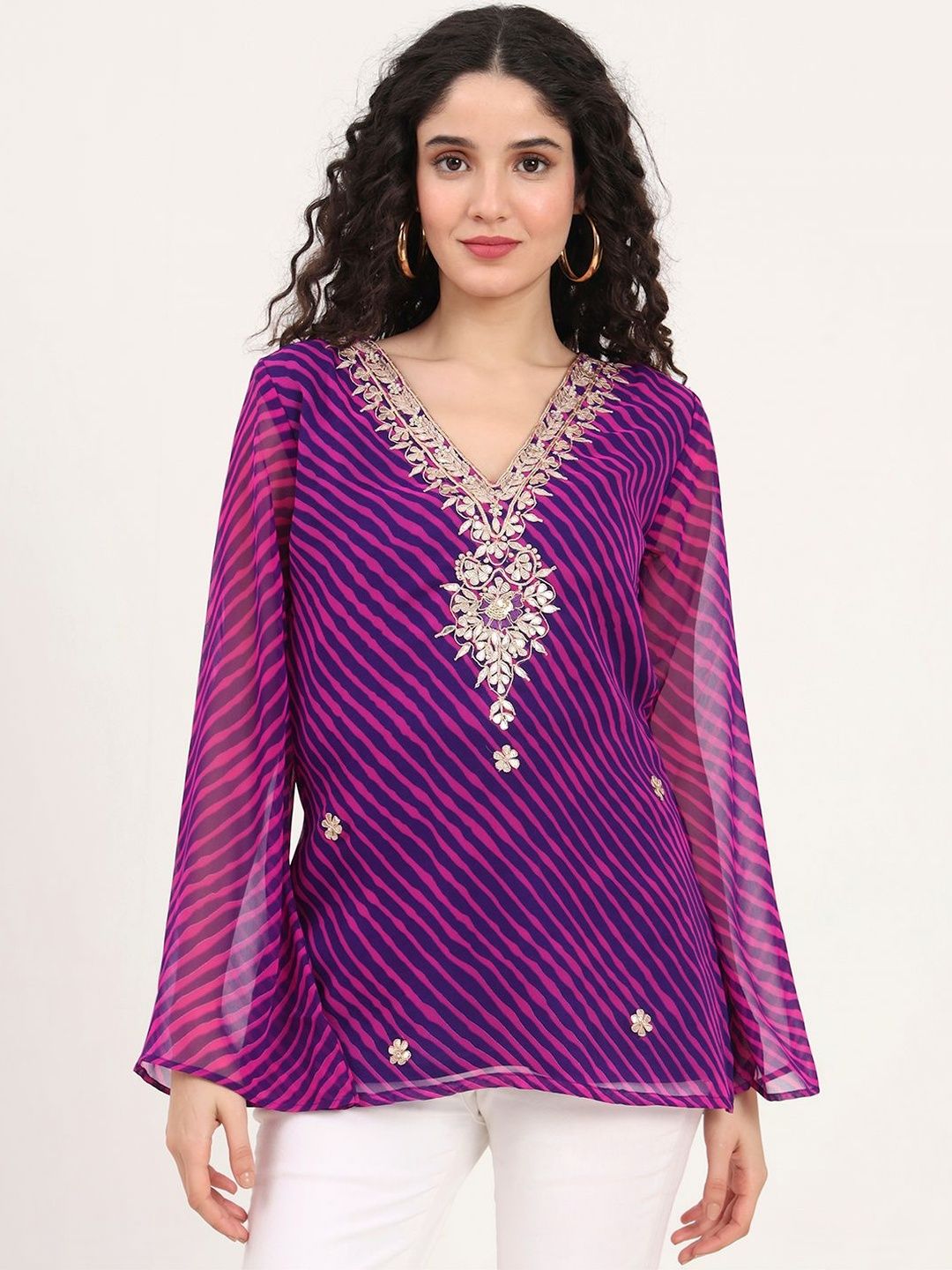 Anouk Rustic Floral Striped Flared Sleeve Ethnic Top-picture-23