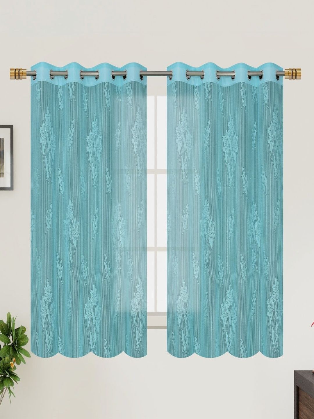 Aura Turquoise Blue Set of 2 Floral Sheer Window Curtain-image-45