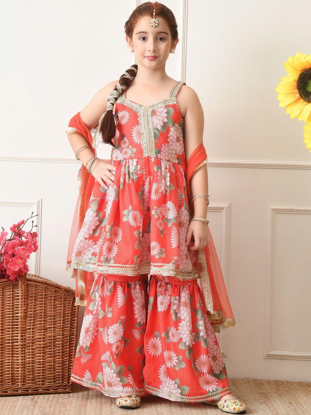 House of Pataudi Girls Printed V-Neck Kurta Sharara & Dupatta-picture-47