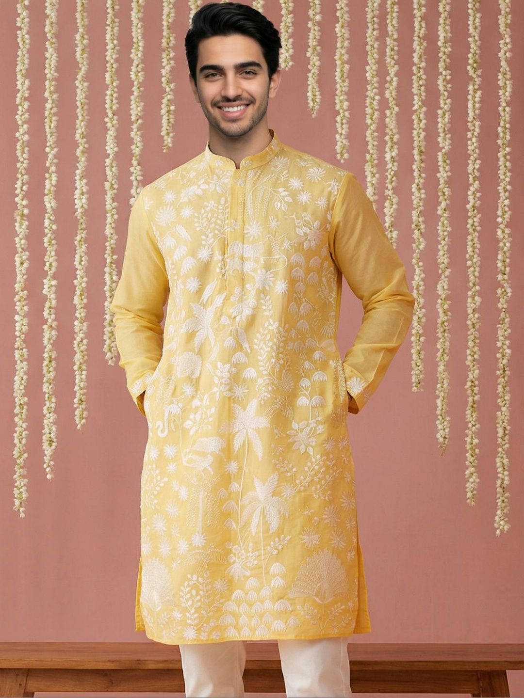 Jompers Men Floral Embroidered Chikankari Kurta-picture-20