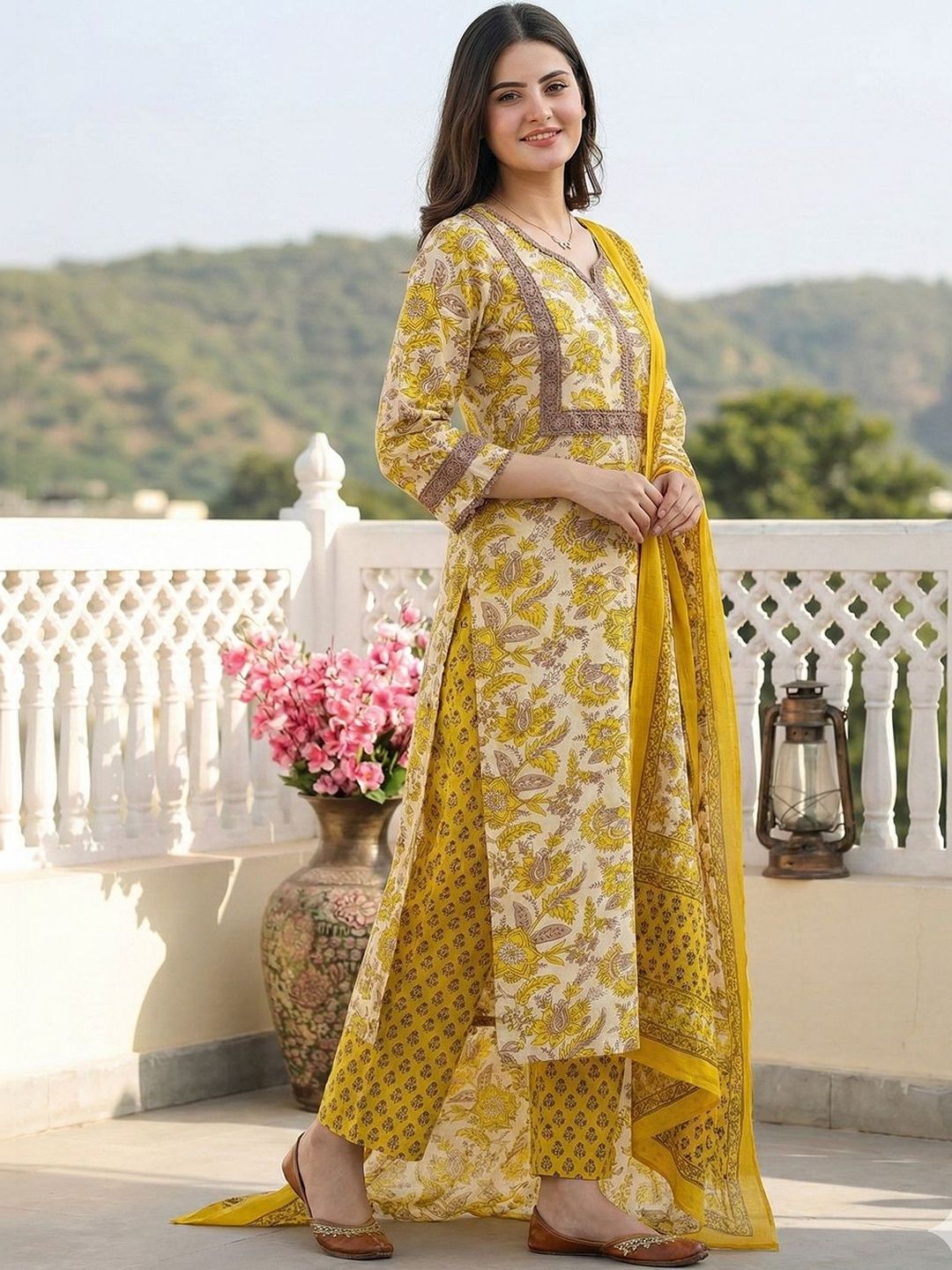 Anouk Women Floral Printed Regular Thread Work Pure Cotton Kurta with Trousers & With Dupatta-picture-13
