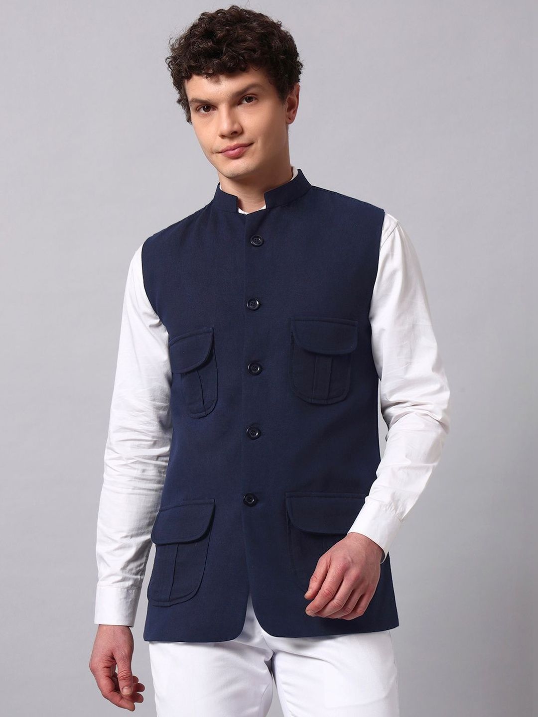 NATURE CRAFT Woven Mandarin Collar Nehru Jackets-picture-23