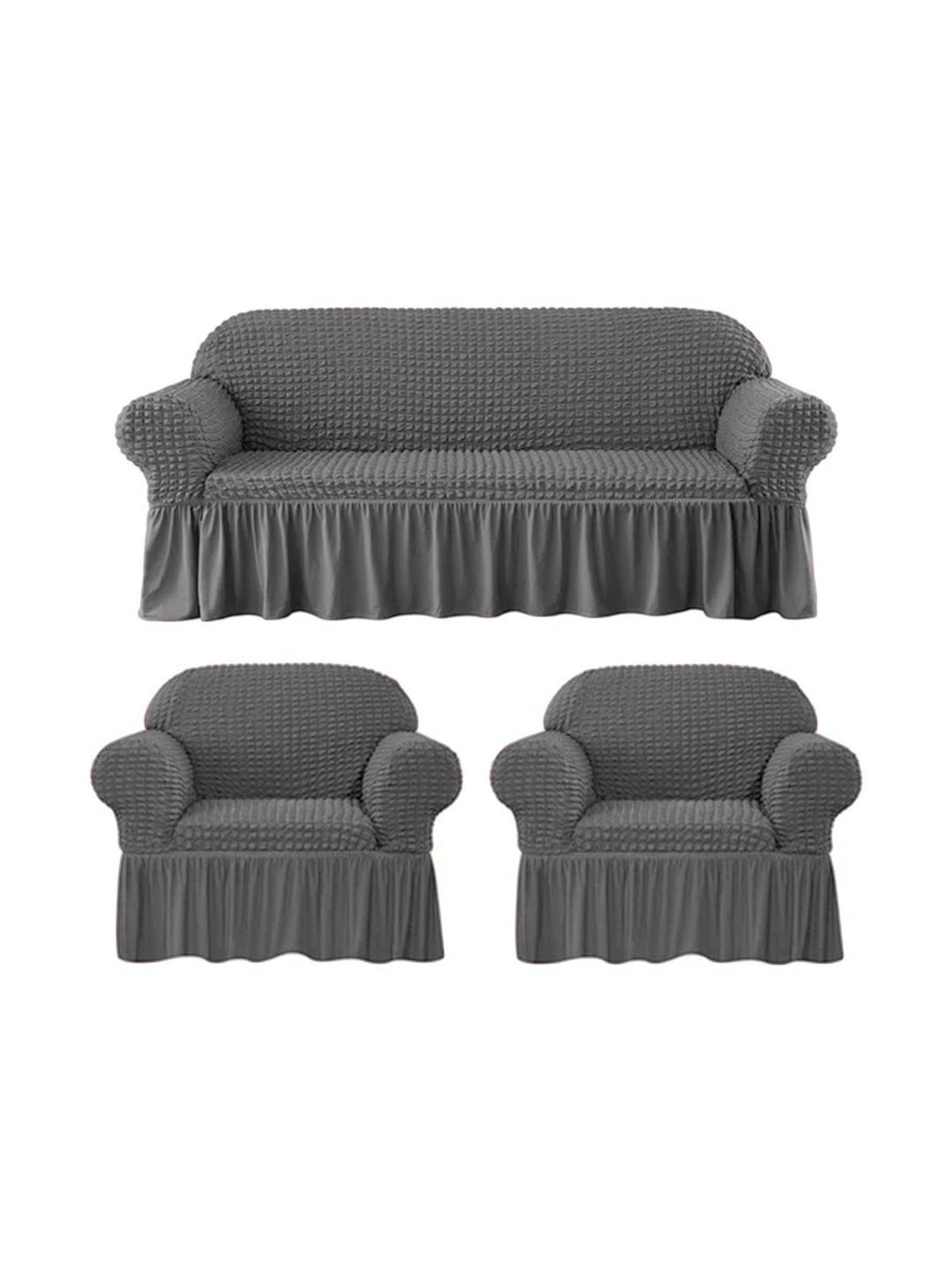 Furshine Grey & Grey Polyester 3 Piece Sofa Cover With Arms