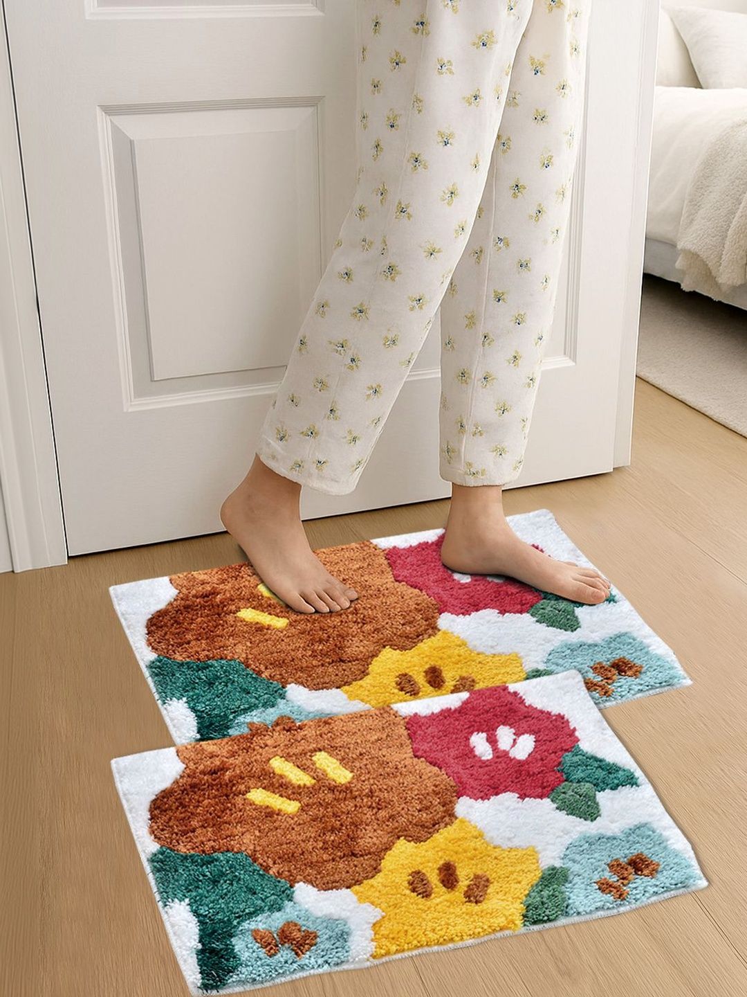 FABINALIV 2Pcs Brown & Yellow Patterned Anti-Skid Doormats-image-46
