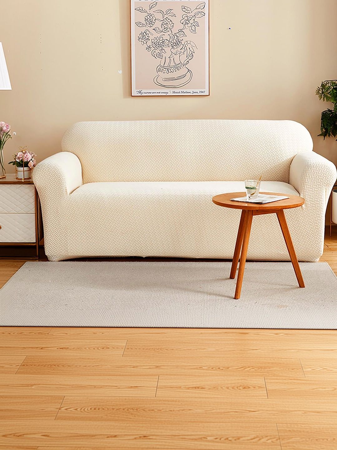 Furshine Cream-Coloured & Cream-Coloured Printed Polyester 1 Piece Sofa Cover With Arms-image-35