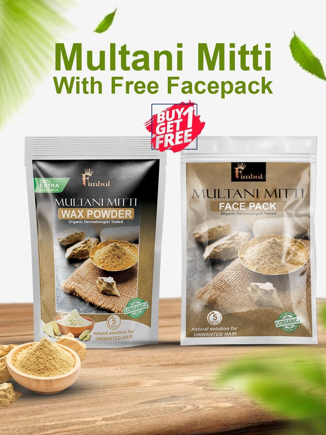 FIMBUL Set Of 2 Mullani Mitti Body Wax Powder - 120 g & Face Pack - 50 g-picture-49