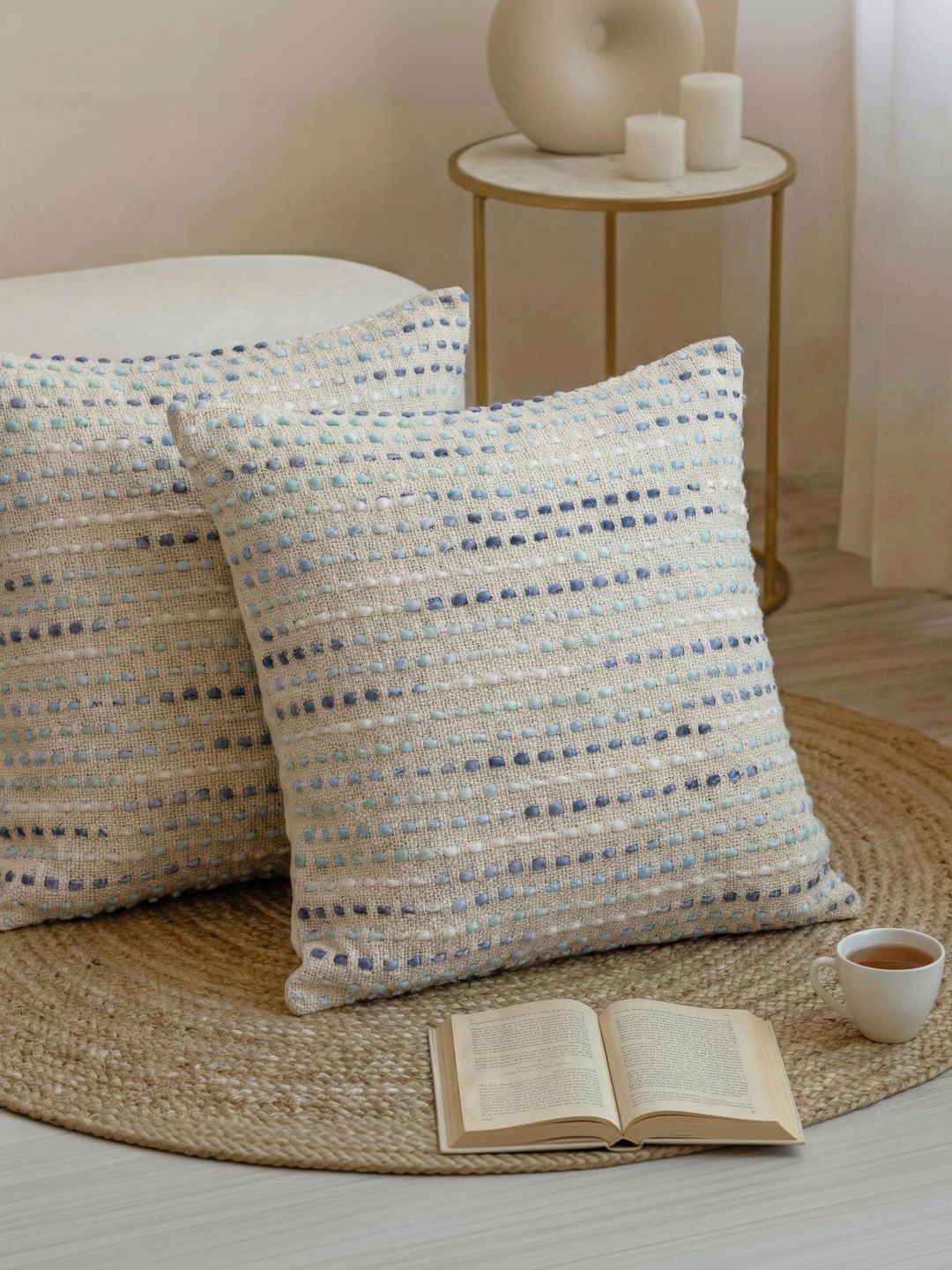 DMAASA White & Multicoloured Set of 2 Striped Square Cushion Covers-image-26