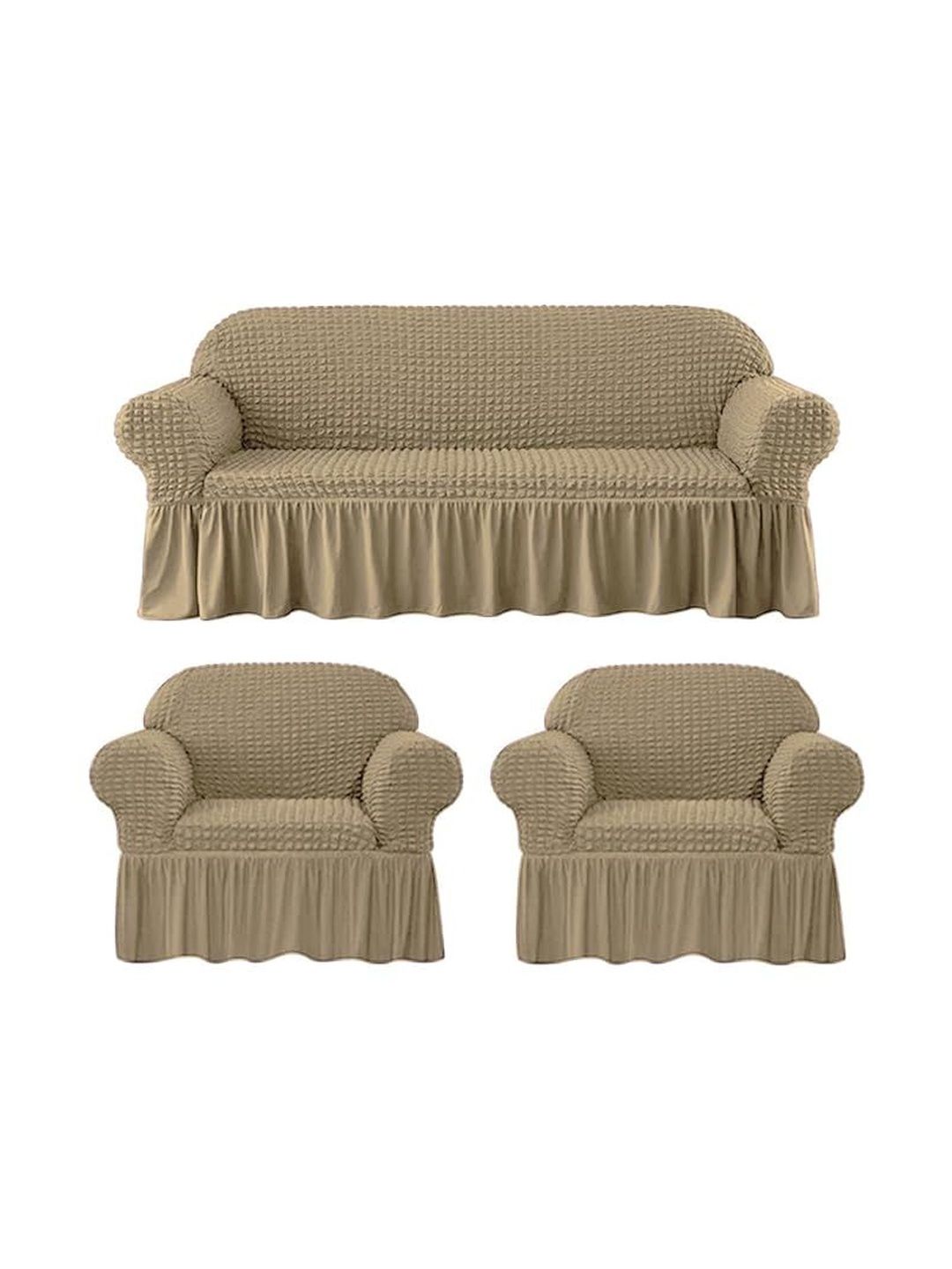 Furshine Beige & Brown Polyester 3 Piece Sofa Cover With Arms-image-47