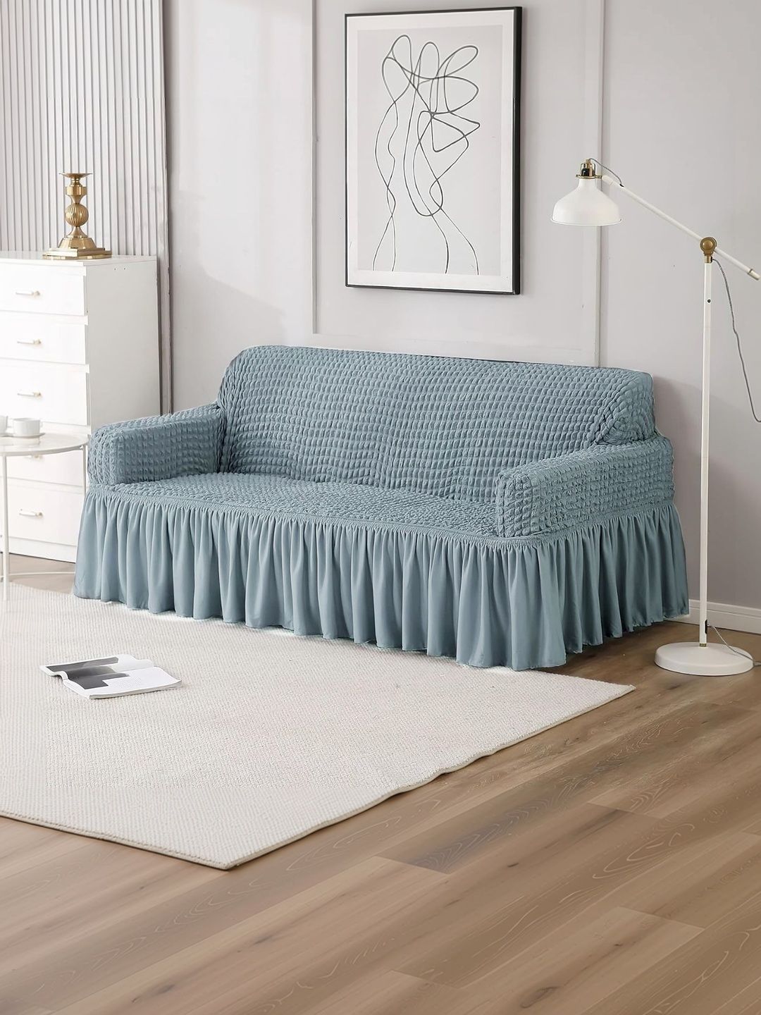 Furshine Grey & Blue Polyester 1 Piece Sofa Cover With Arms