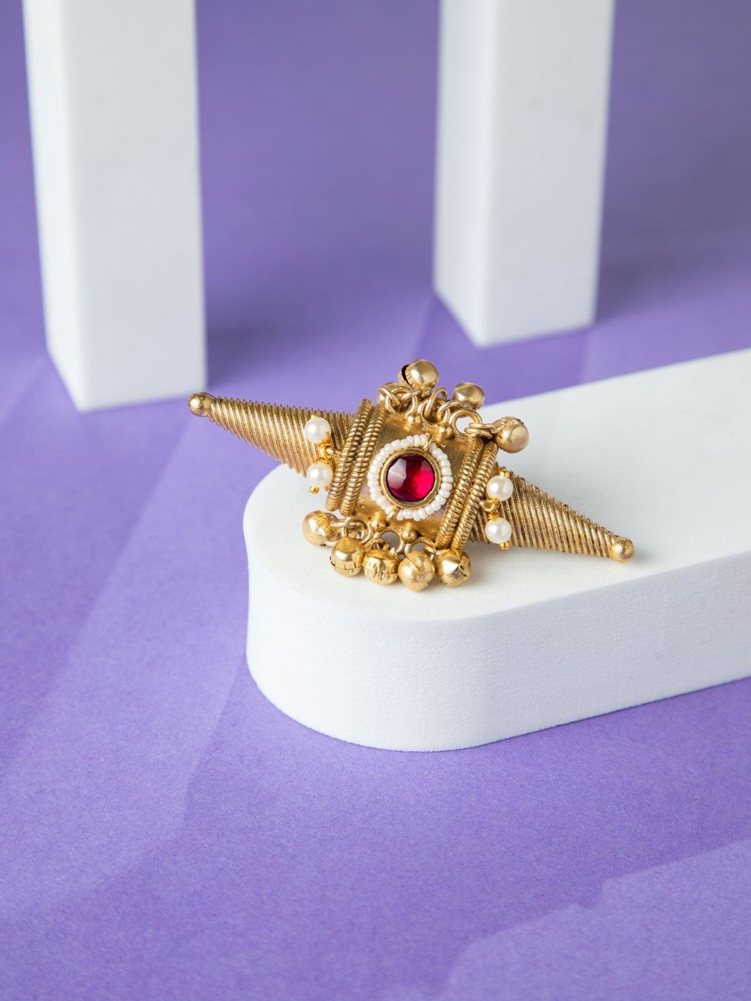Niscka Gold-Plated Alloy & Stone Studded & Beaded Finger Ring-picture-25