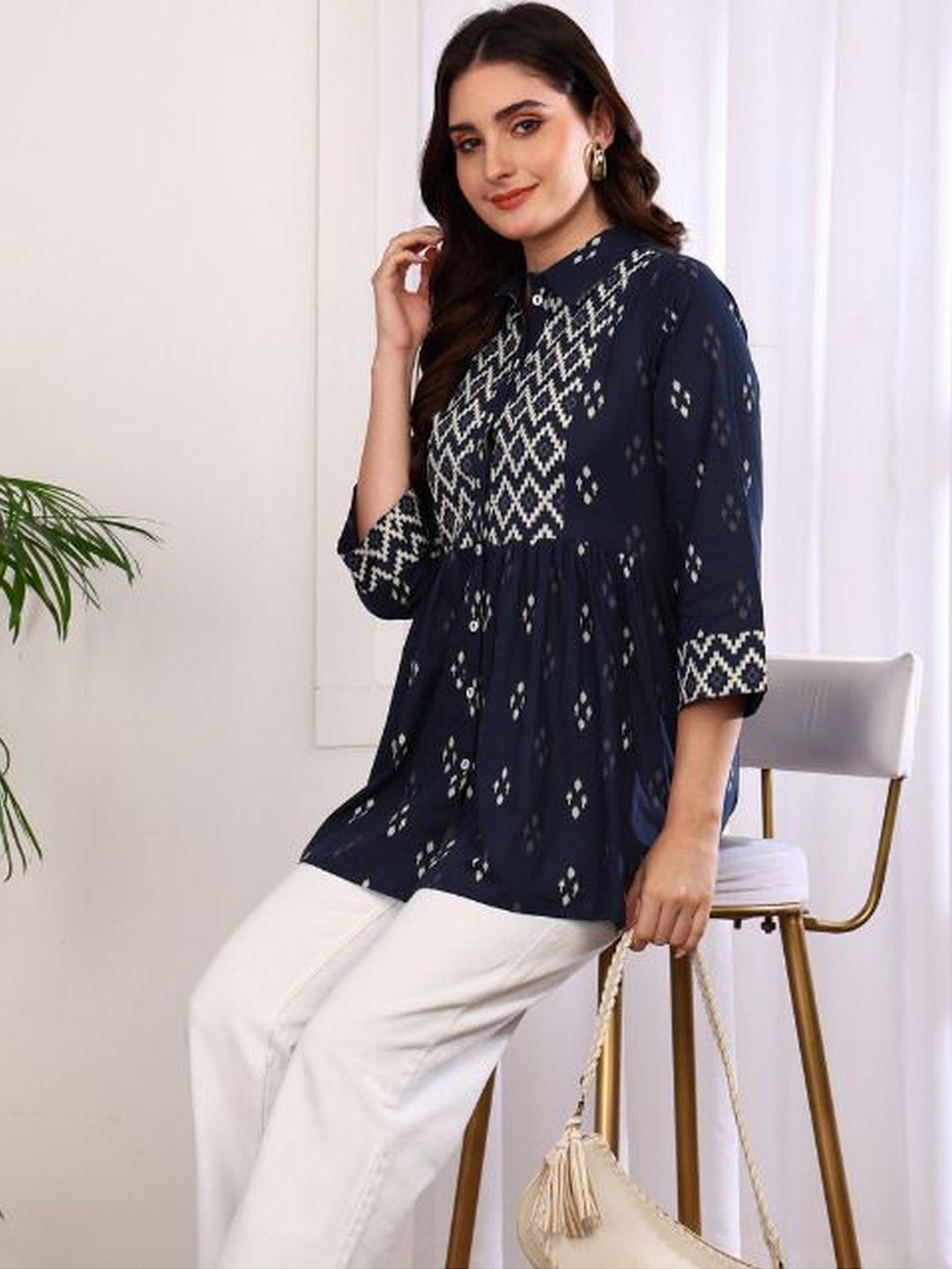 KALINI Geometric Printed Shirt Collar Pure Cotton Empire Kurti-picture-17