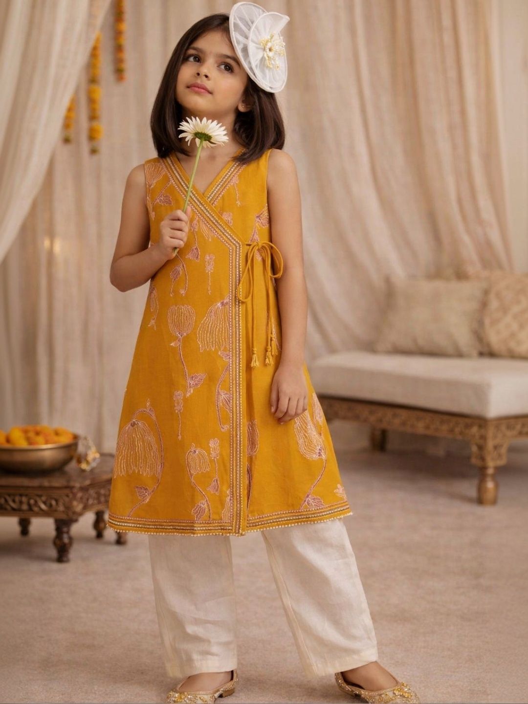 TALES & STORIES Girls Floral Printed Angrakha Gotta Patti Kurta with Trousers-picture-42