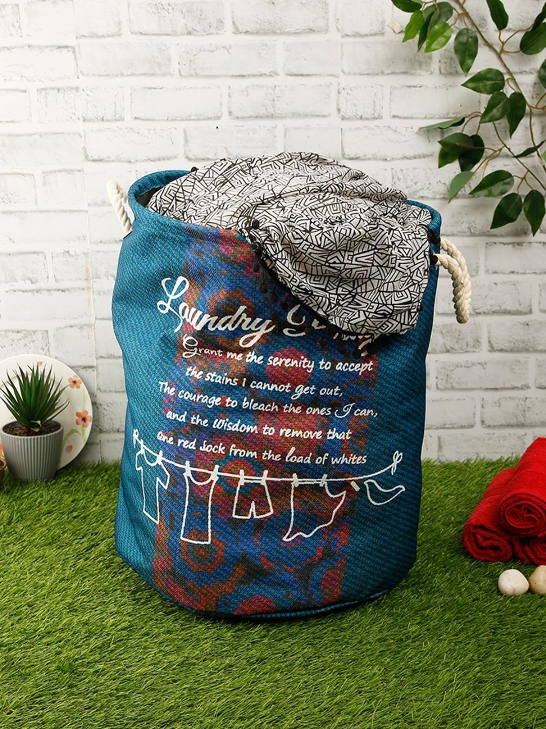 Aura Teal Blue & White Printed Foldable Laundry Bag - 50L-image-0