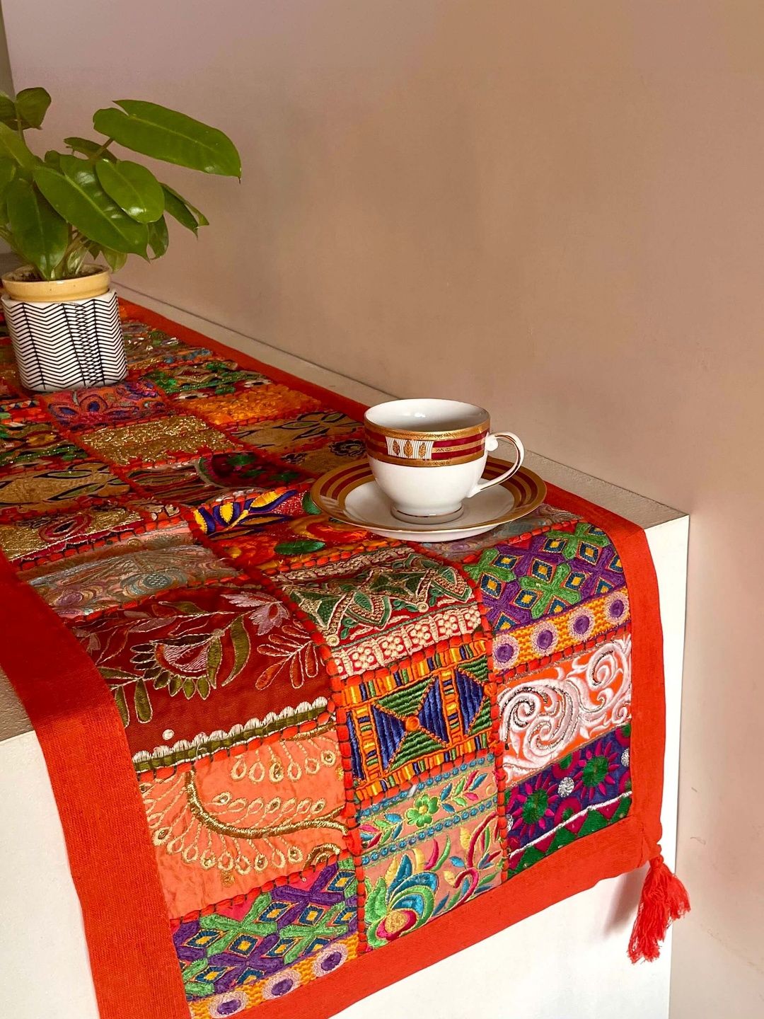 Atrangi Studio Orange Coloured Patchwork Table Runner-picture-11