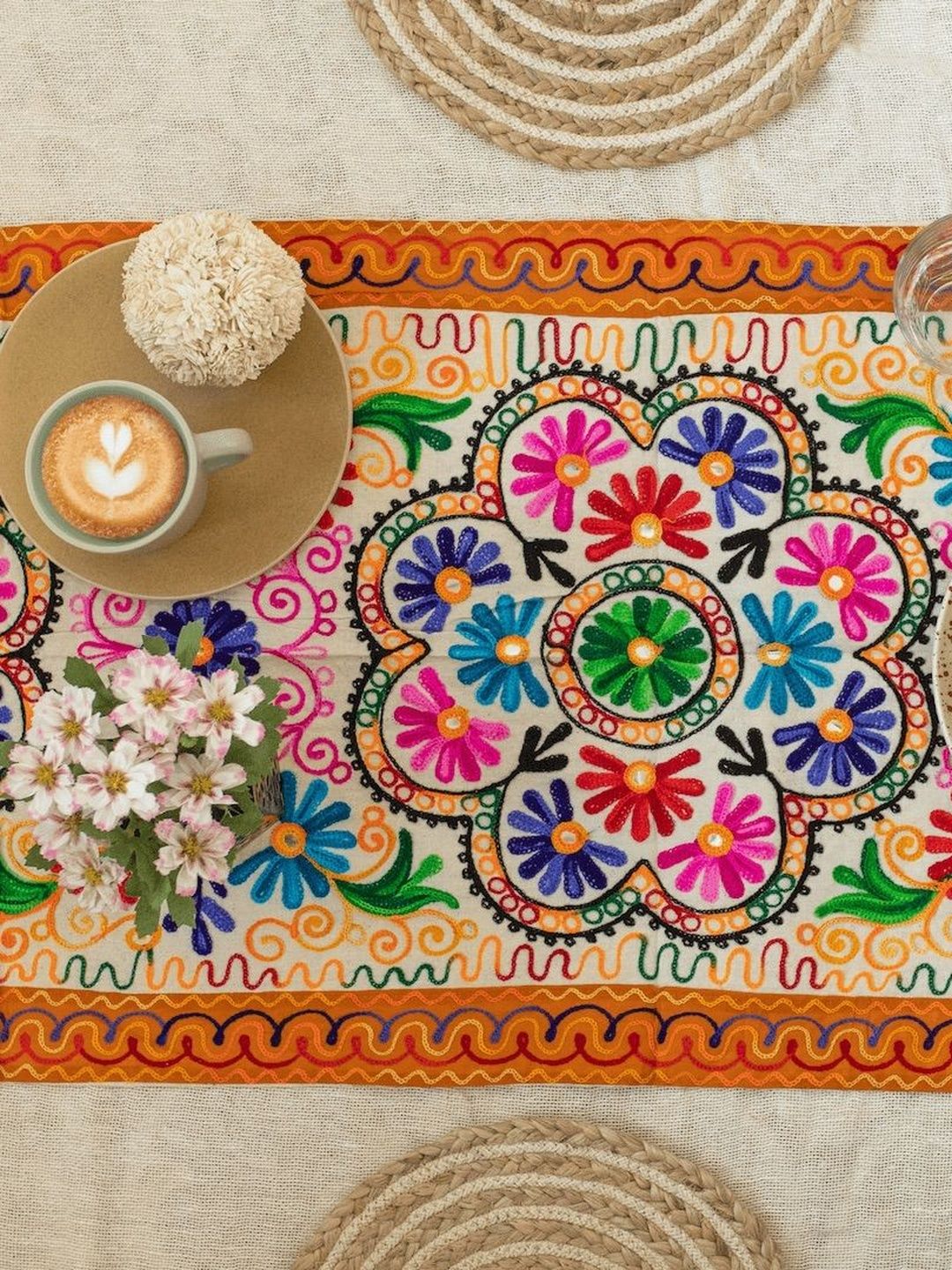 Atrangi Studio Pink & BLue Embroidered Table Runner