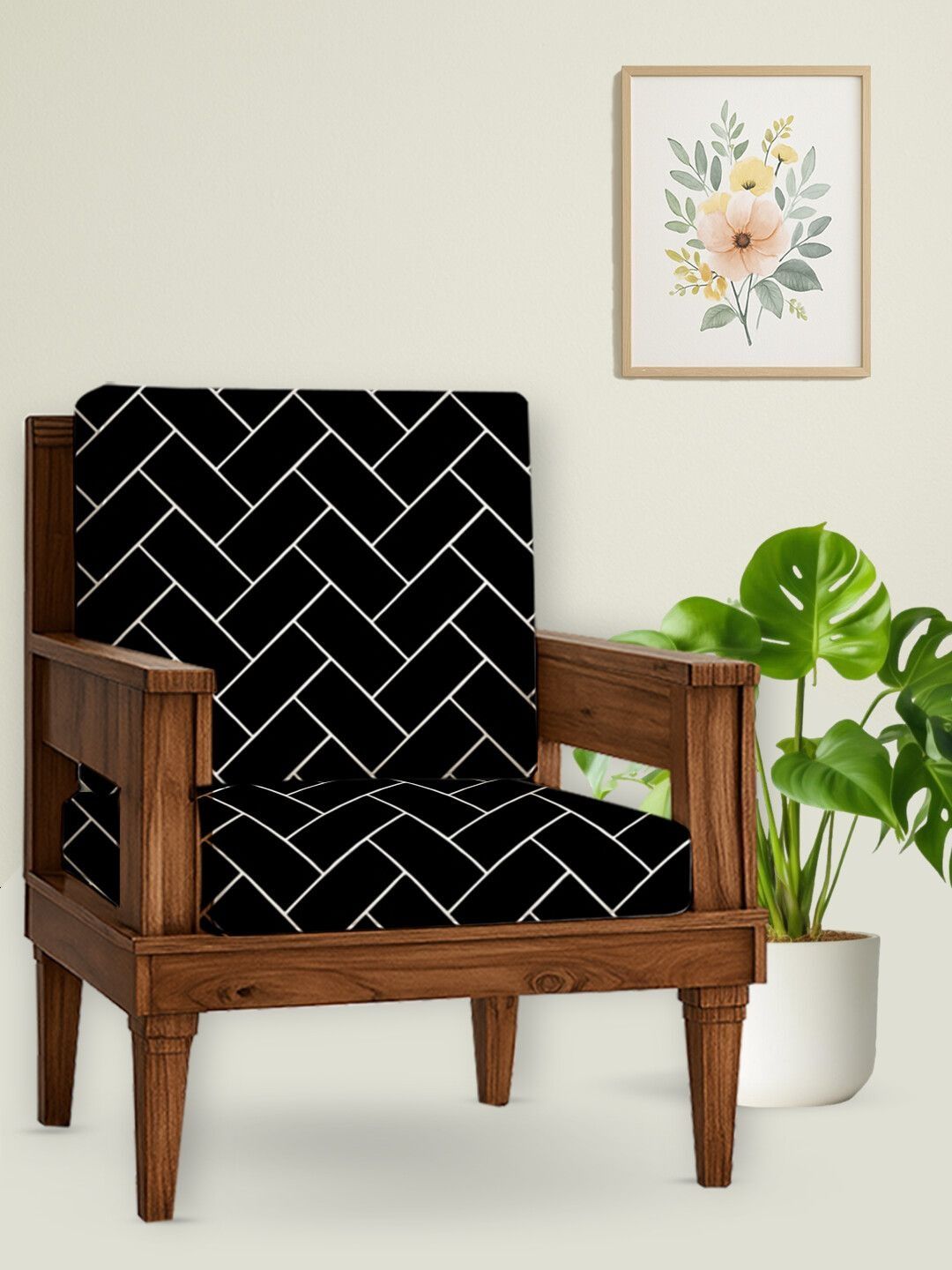 HOTKEI 2Pcs Black & White Geometric Printed 200 GSM Stretchable Sofa Covers-picture-35