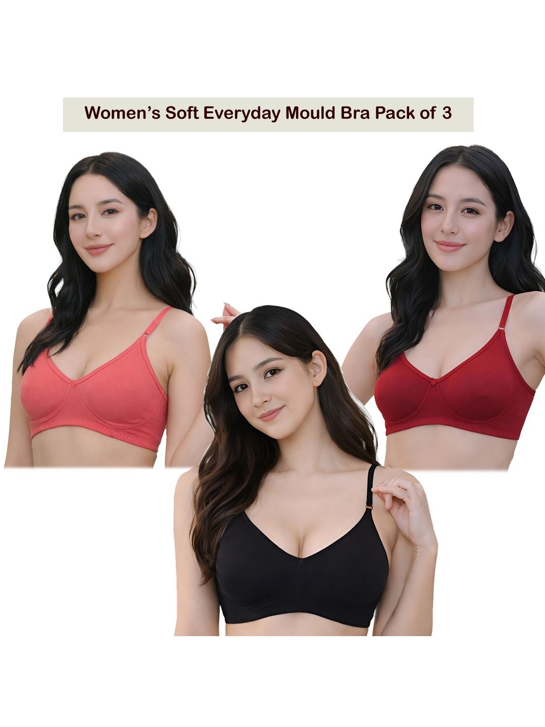 STOGBULL Pack of 3 Everyday Comfort Cotton Moulded Non-Padded Full Coverage T-Shirt Bra-picture-37