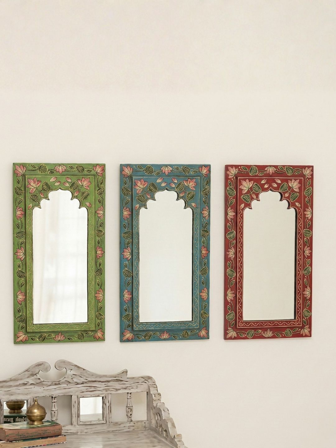 atrangi studio Set of 3 Green & Red Wooden Mirrors-picture-29