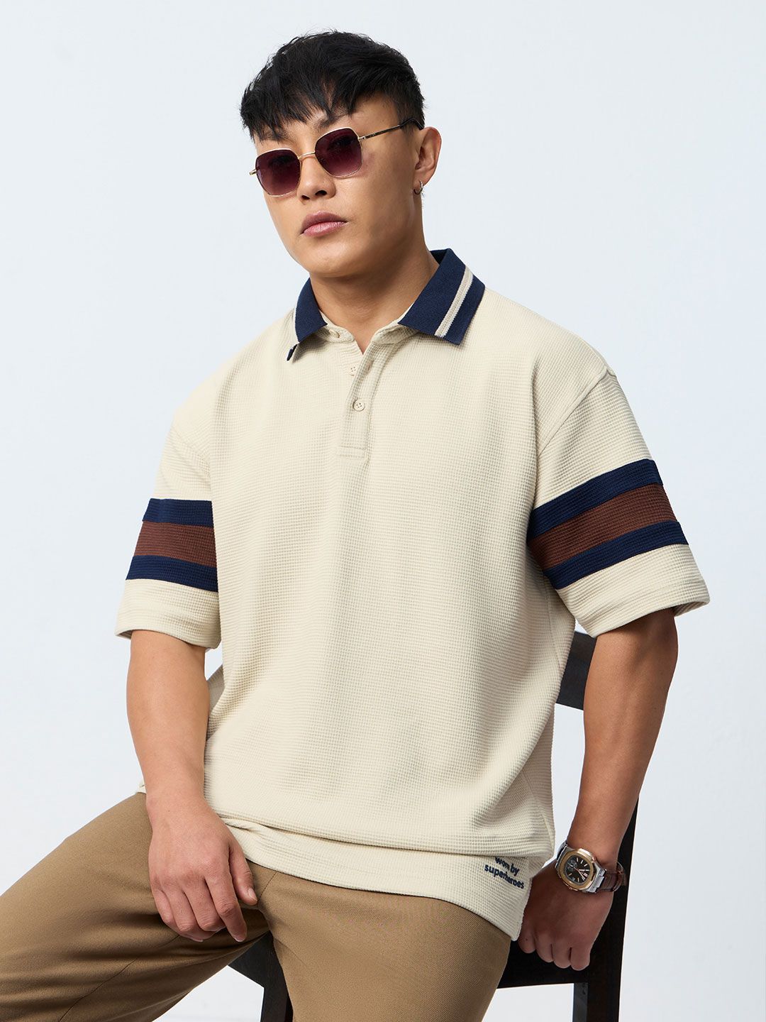 The Souled Store Men Oversized Fit Textured Colourblocked Off White Polos