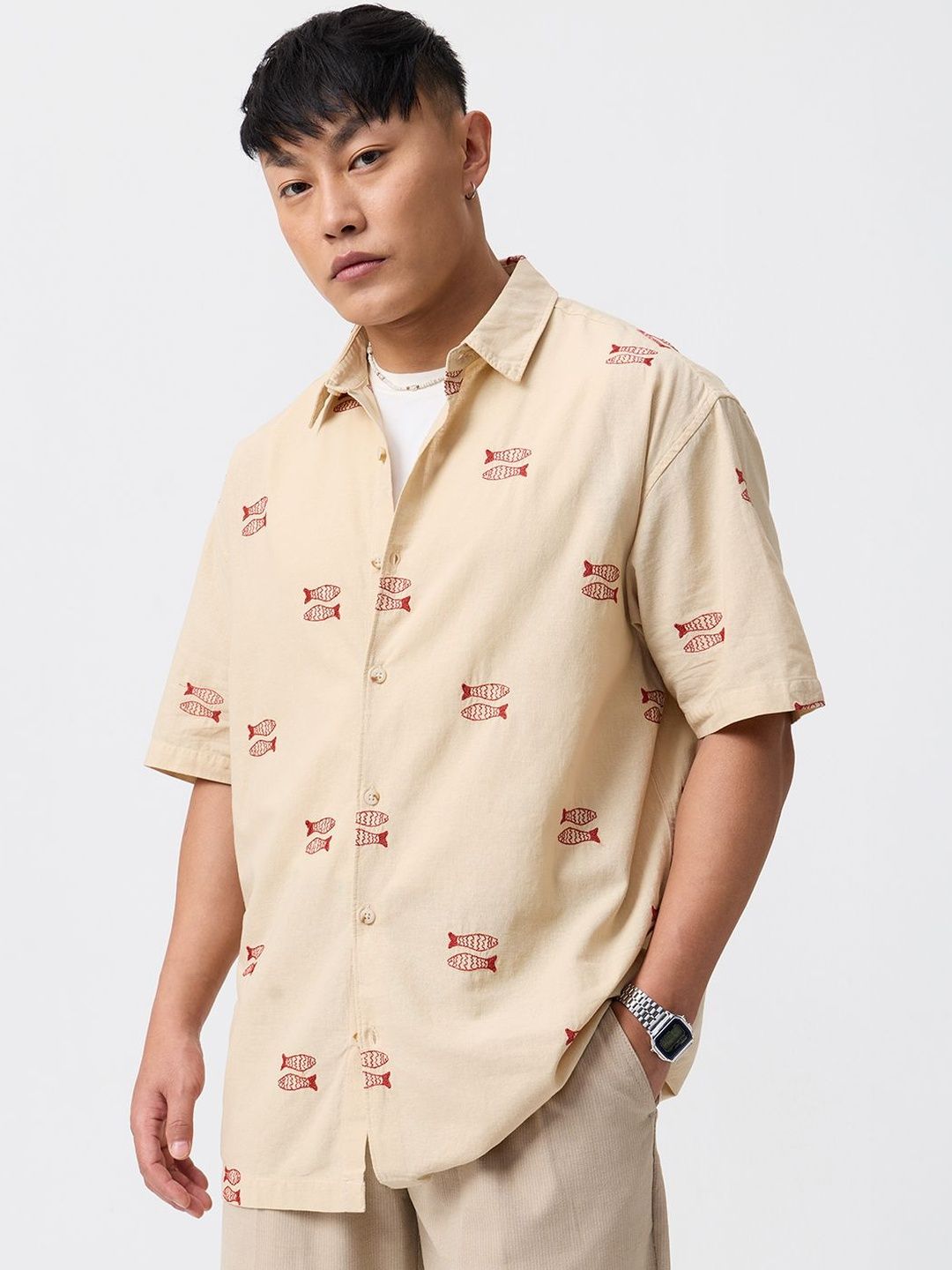 The Souled Store Men Regular Fit Printed Beige Cotton Linen Shirts-picture-11