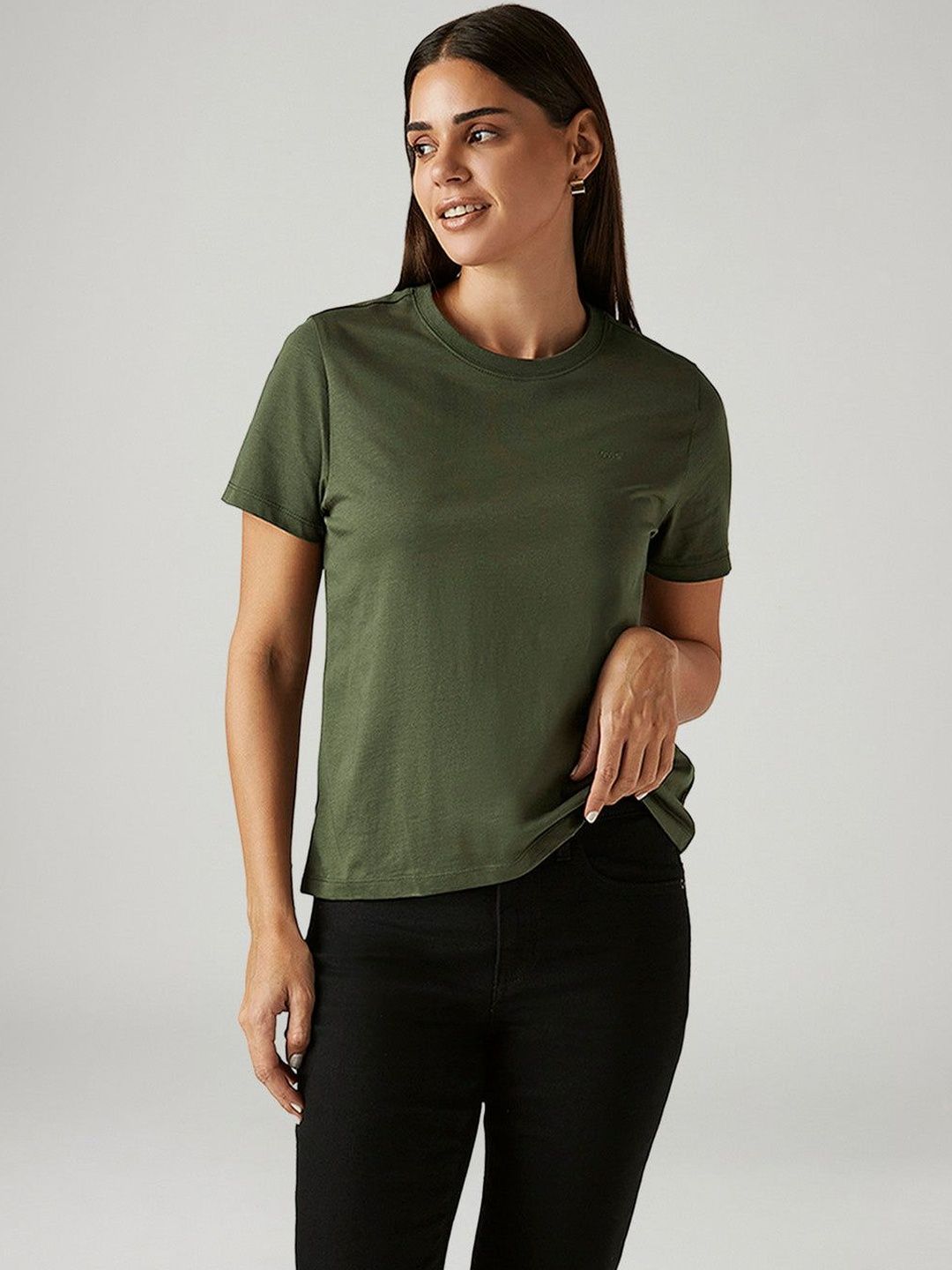 Levis Women's Solid Olive Crew Neck T-shirt