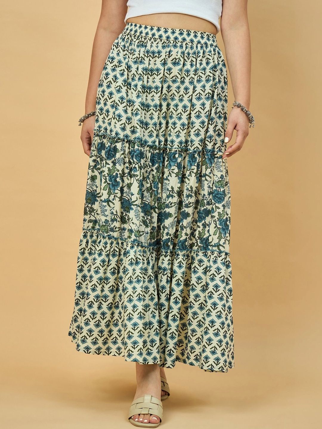 Azira Women Pure Cotton Cotton Cambric Floral Maxi Flared Skirt-picture-12