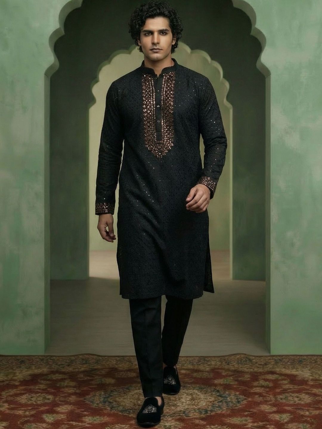 KISAH Men Ethnic Motifs Embroidered Regular Sequinned Kurta with Trousers-picture-47