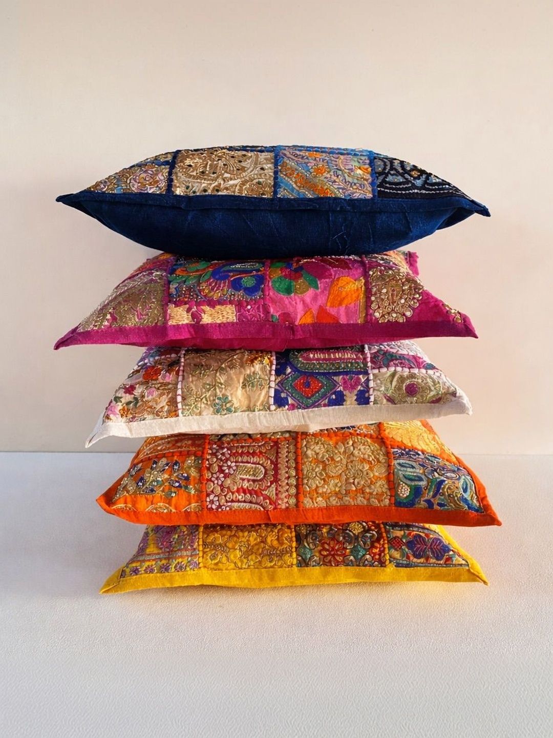 Atrangi Studio Multicoloured Set of 5 Embellished Square Cushion Covers-picture-18