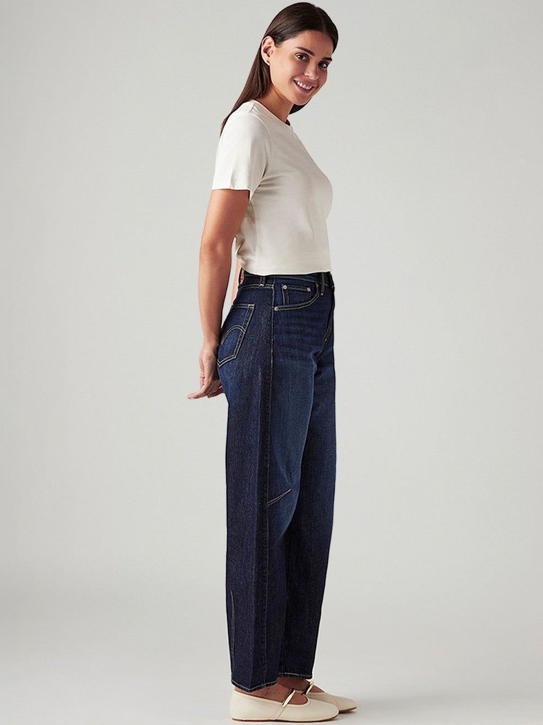 Levis Women's Navy Loose Fit Mid Rise Baggy Dad Barrel Jeans-picture-19