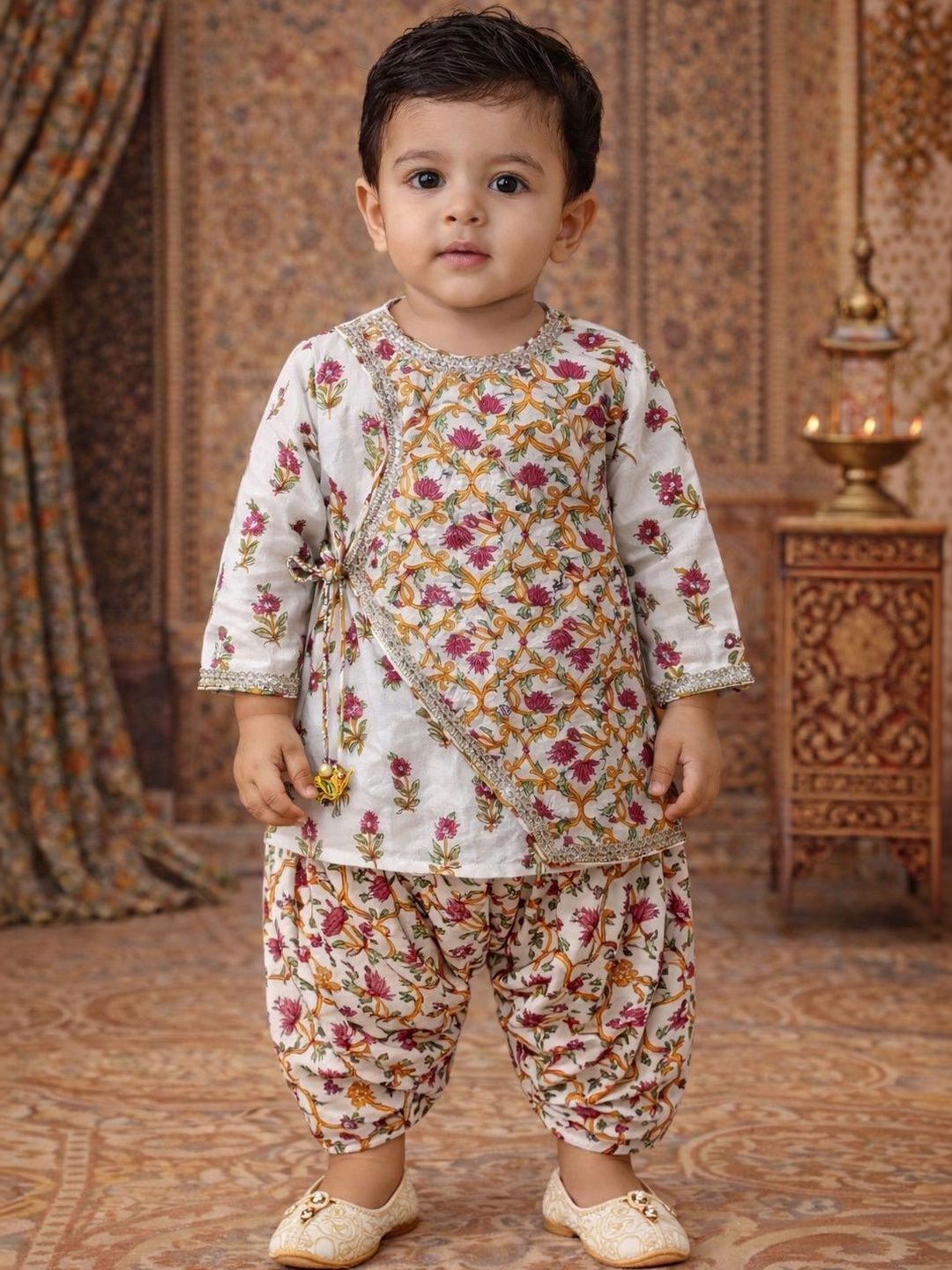 pspeaches Boys Floral Printed Angrakha Thread Work Pure Cotton Kurta with Dhoti Pants-image-16