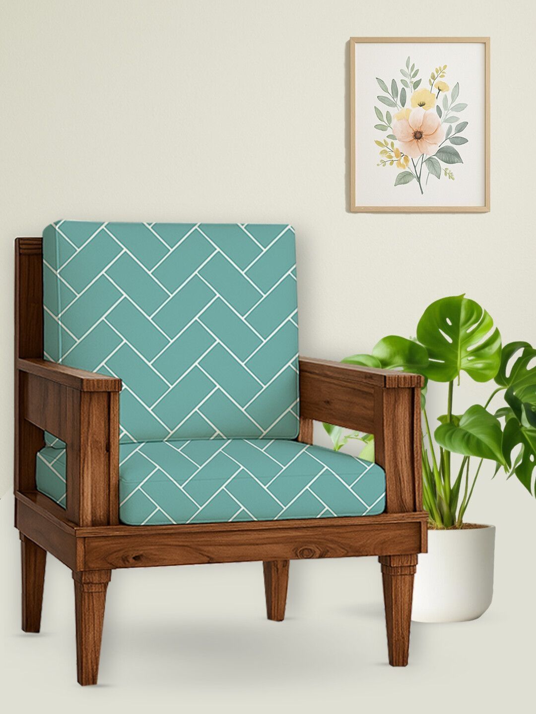 HOTKEI 2Pcs Sea Green & White Geometric Printed 200 GSM Stretchable Sofa Covers-picture-18