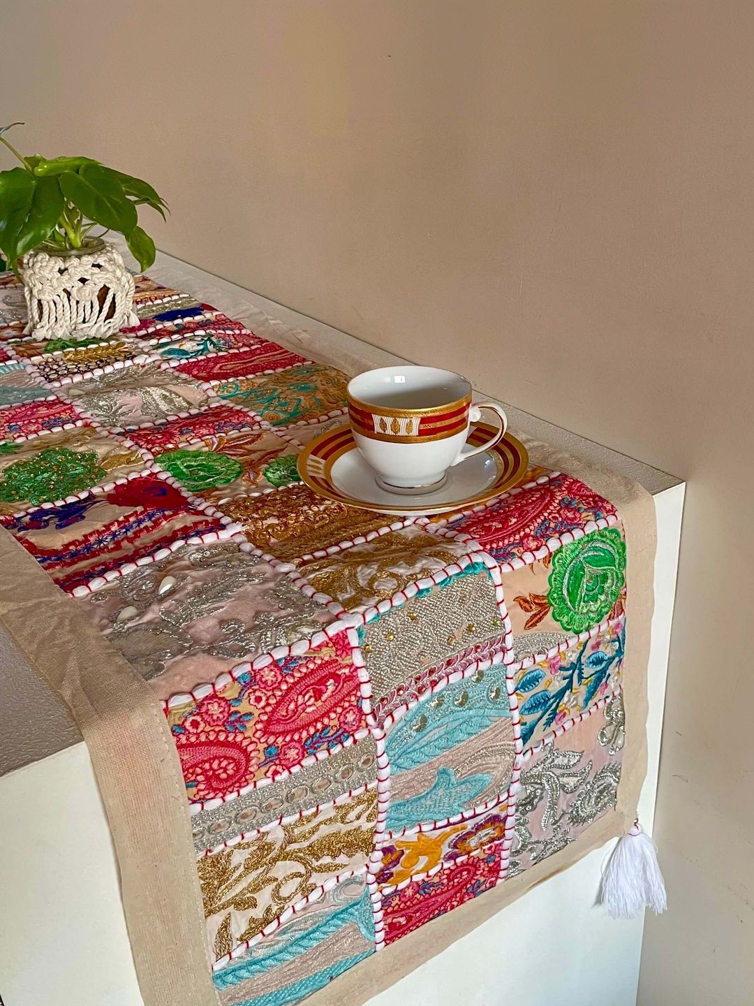 Atrangi Studio Red & White Patchwork Table Runner-picture-22