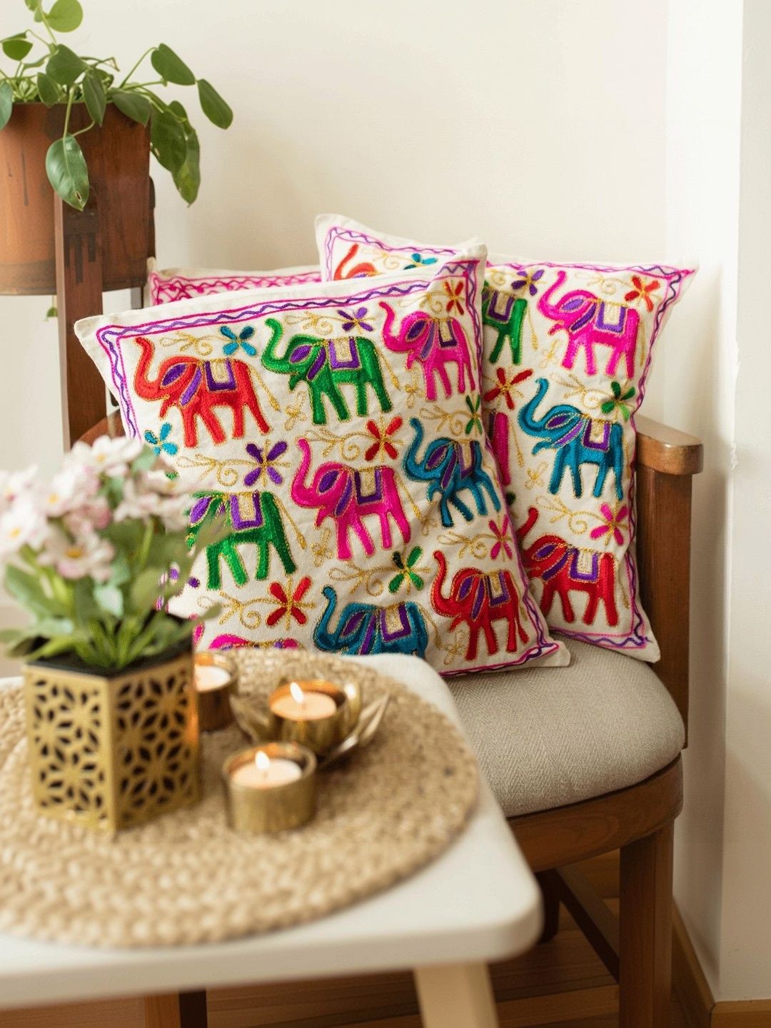 Atrangi Studio Pink & Blue Set of 2 Embroidered Square Cushion Covers-picture-16
